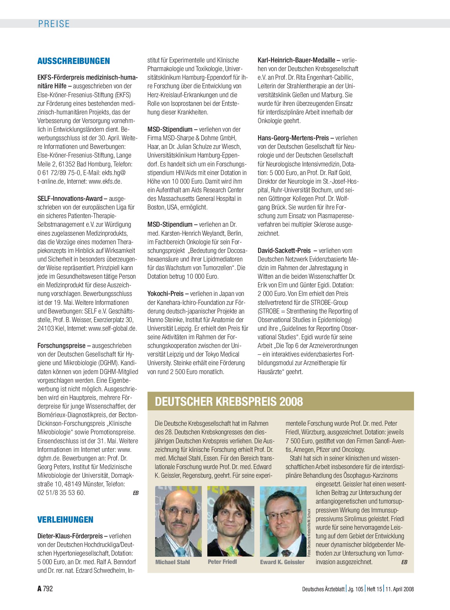 Vorschauseite 1: Deutscher Krebspreis 2008 – Deutsches Ärzteblatt