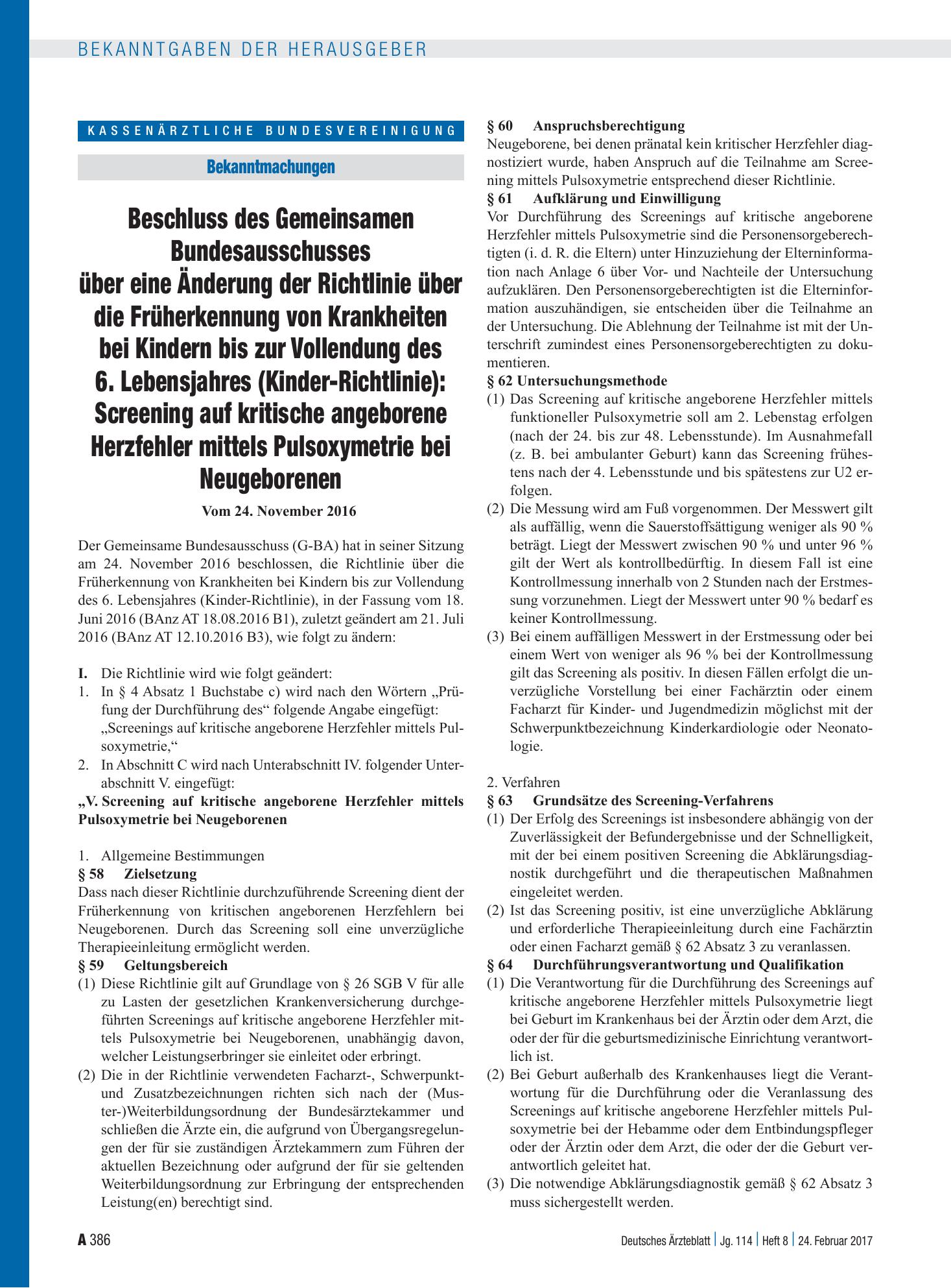 Vorschauseite 1: Beschluss des Gemeinsamen Bundesausschusses über eine Änderung der Richtlinie über die Früherkennung von Krankheiten bei Kindern bis zur Vollendung des 6. Lebensjahres (Kinder-Ric…