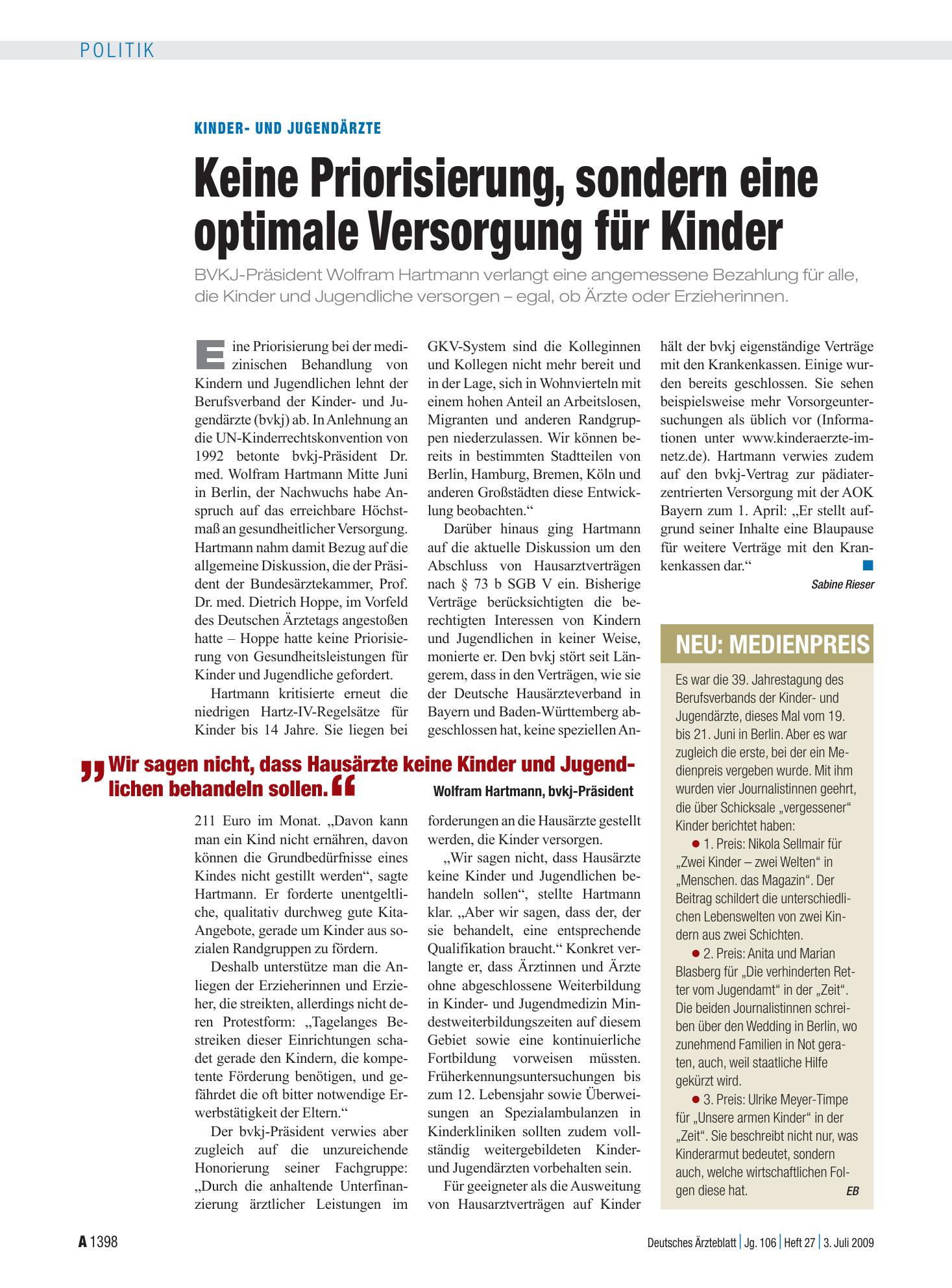 Vorschauseite 1: Kinder- und Jugendärzte: Keine Priorisierung, sondern eine optimale Versorgung für Kinder – Deutsches Ärzteblatt