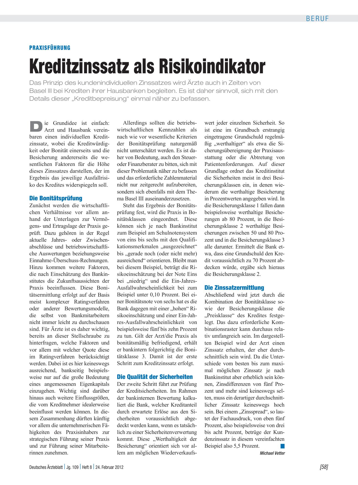 Vorschauseite 1: Praxisführung: Kreditzinssatz als Risikoindikator – Deutsches Ärzteblatt