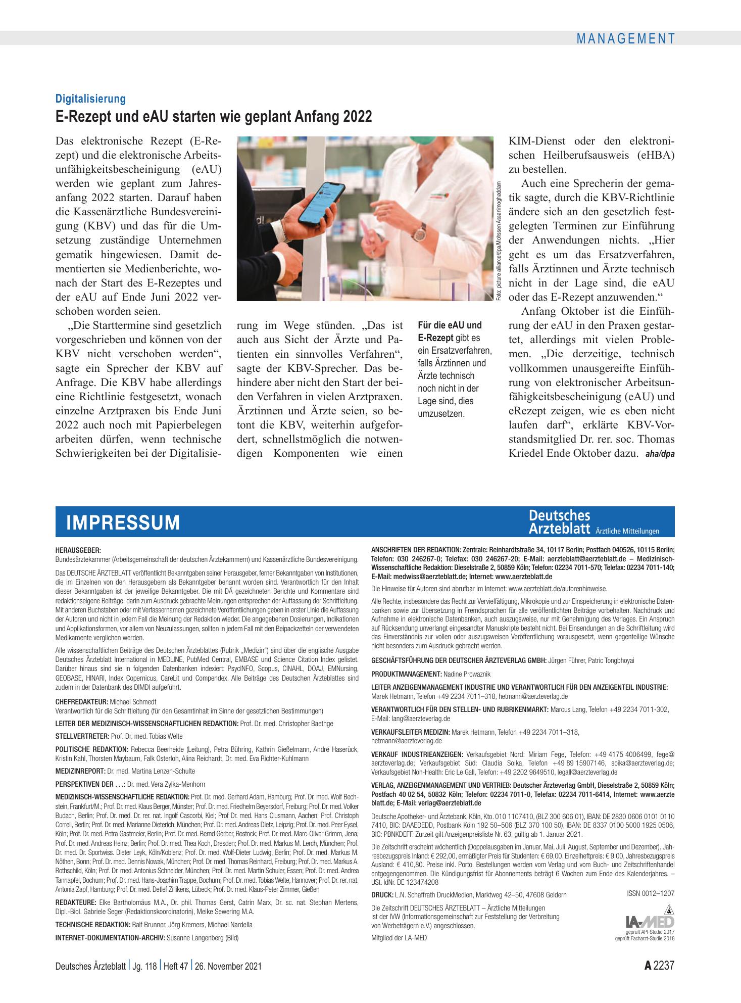 Vorschauseite 1: Digitalisierung: E-Rezept und eAU starten wie geplant Anfang 2022 – Deutsches Ärzteblatt