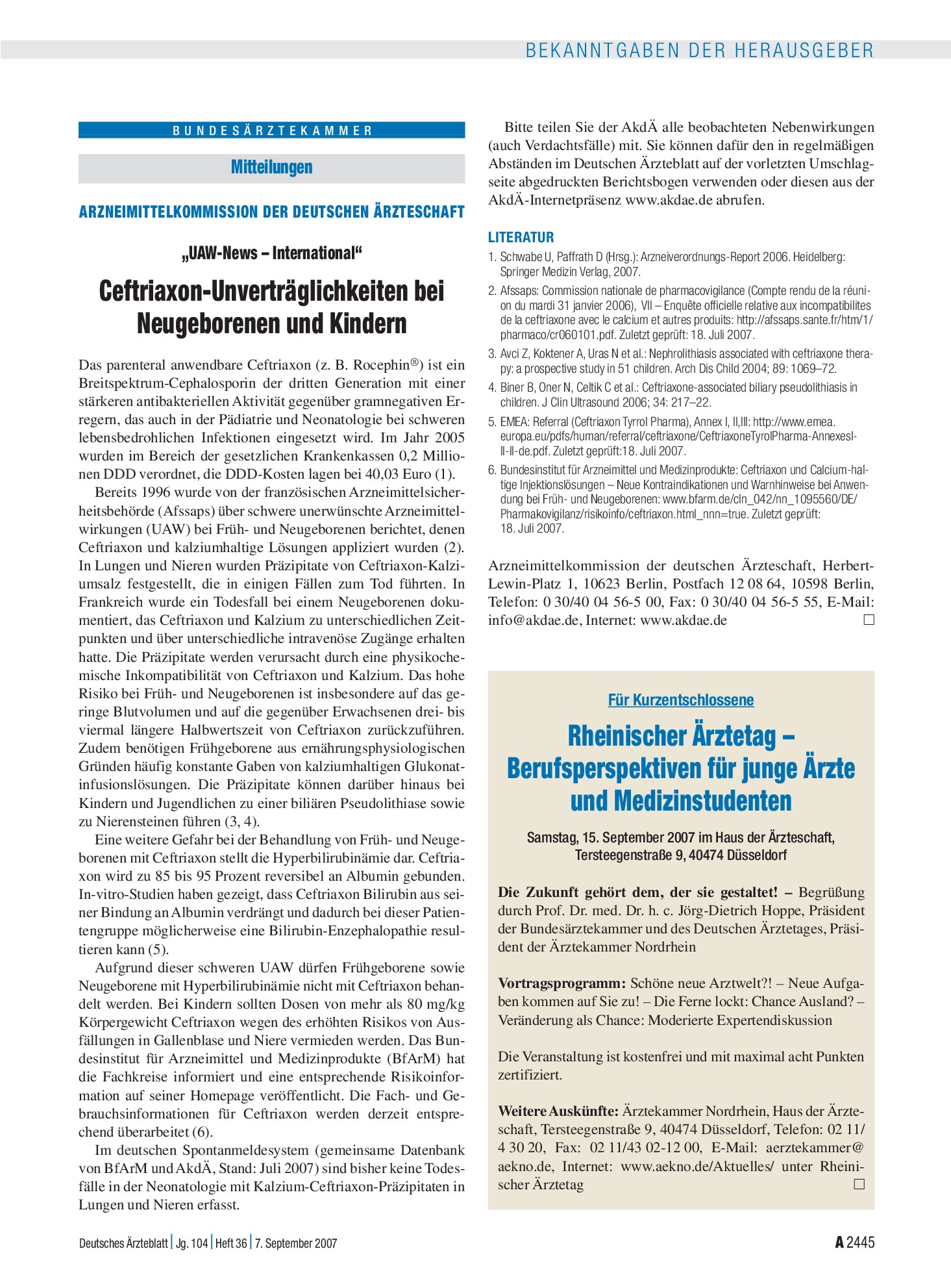 Vorschauseite 1: Für Kurzentschlossene: Rheinischer Ärztetag – Berufsperspektiven für junge Ärzte und Medizinstudenten – Deutsches Ärzteblatt