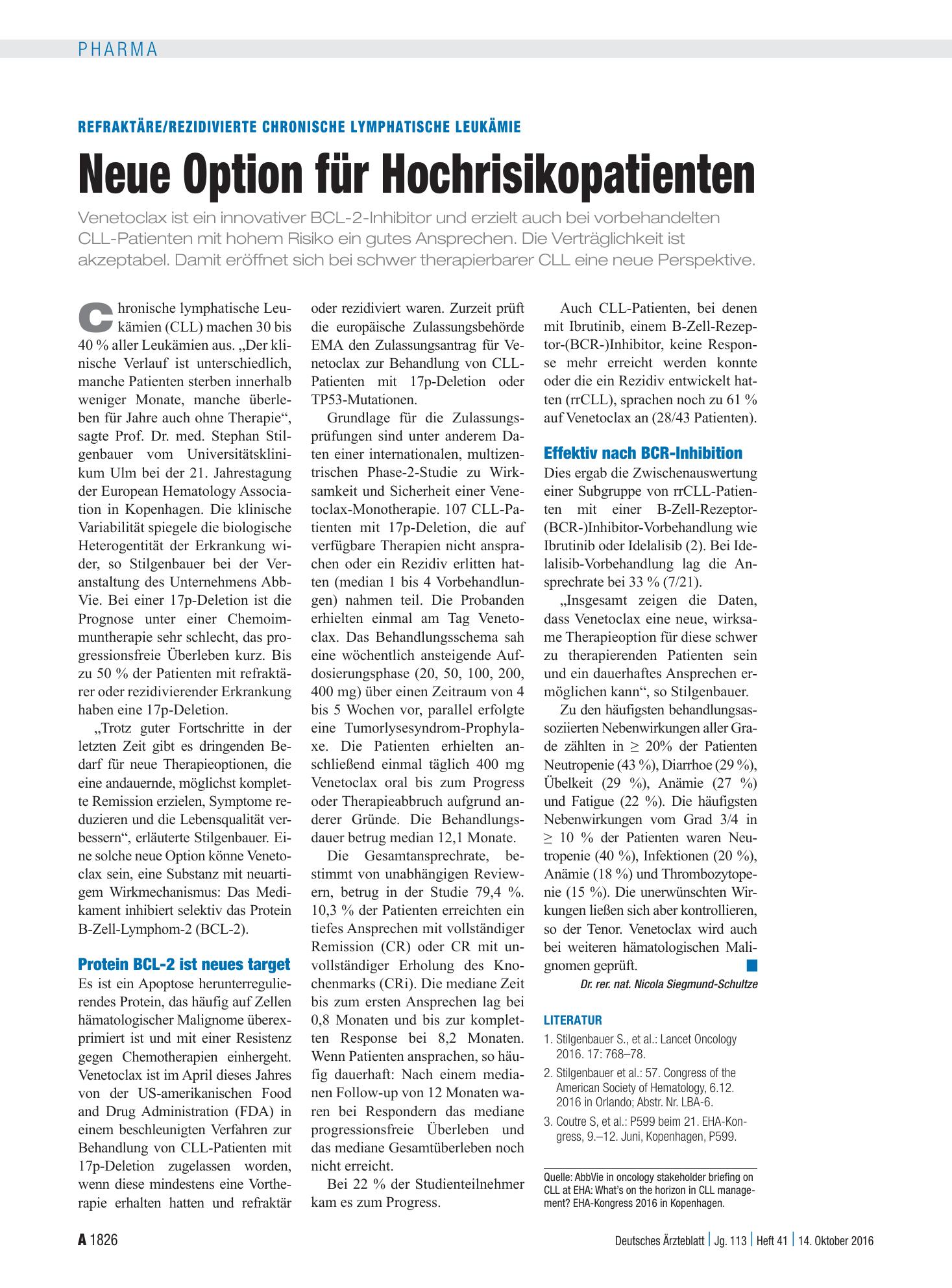 Vorschauseite 1: Refraktäre/rezidivierte chronische lymphatische Leukämie: Neue Option für Hochrisikopatienten – Deutsches Ärzteblatt