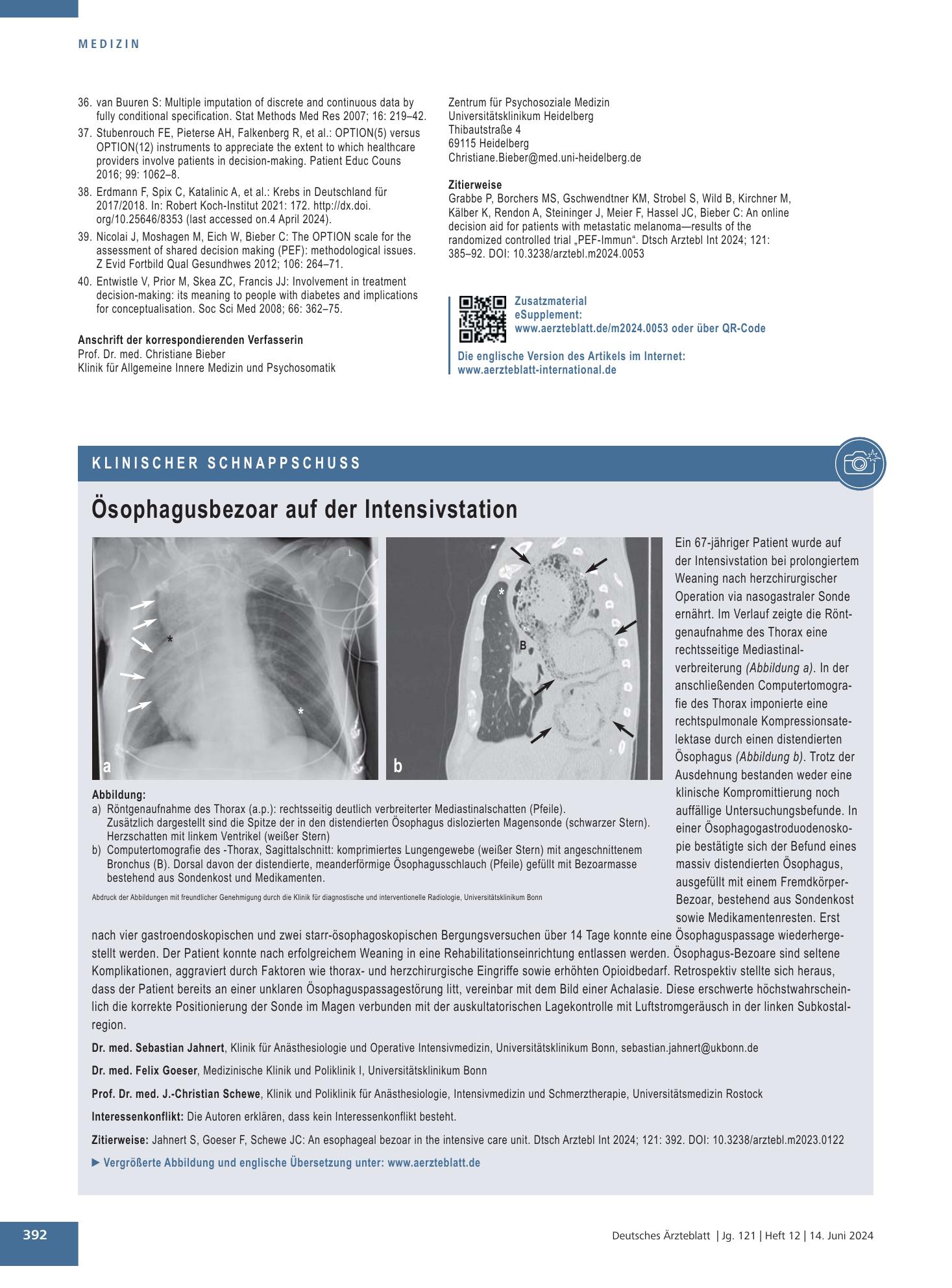 Vorschauseite 1: Ösophagusbezoar auf der Intensivstation – Deutsches Ärzteblatt