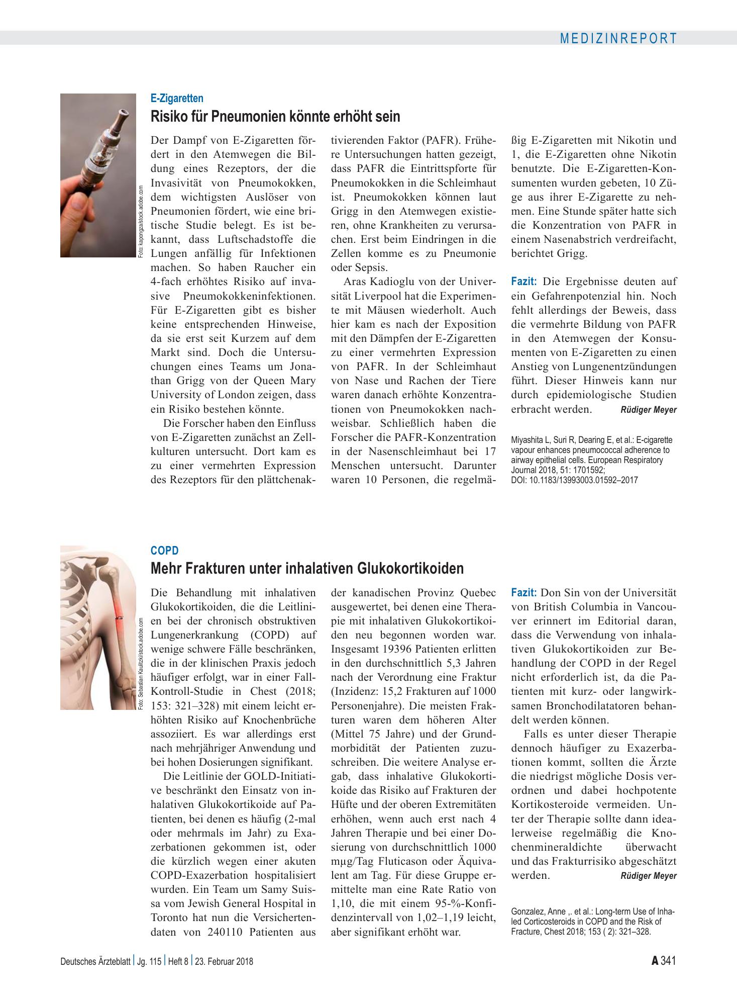 Vorschauseite 1: E-Zigaretten: Risiko für Pneumonien könnte erhöht sein – Deutsches Ärzteblatt