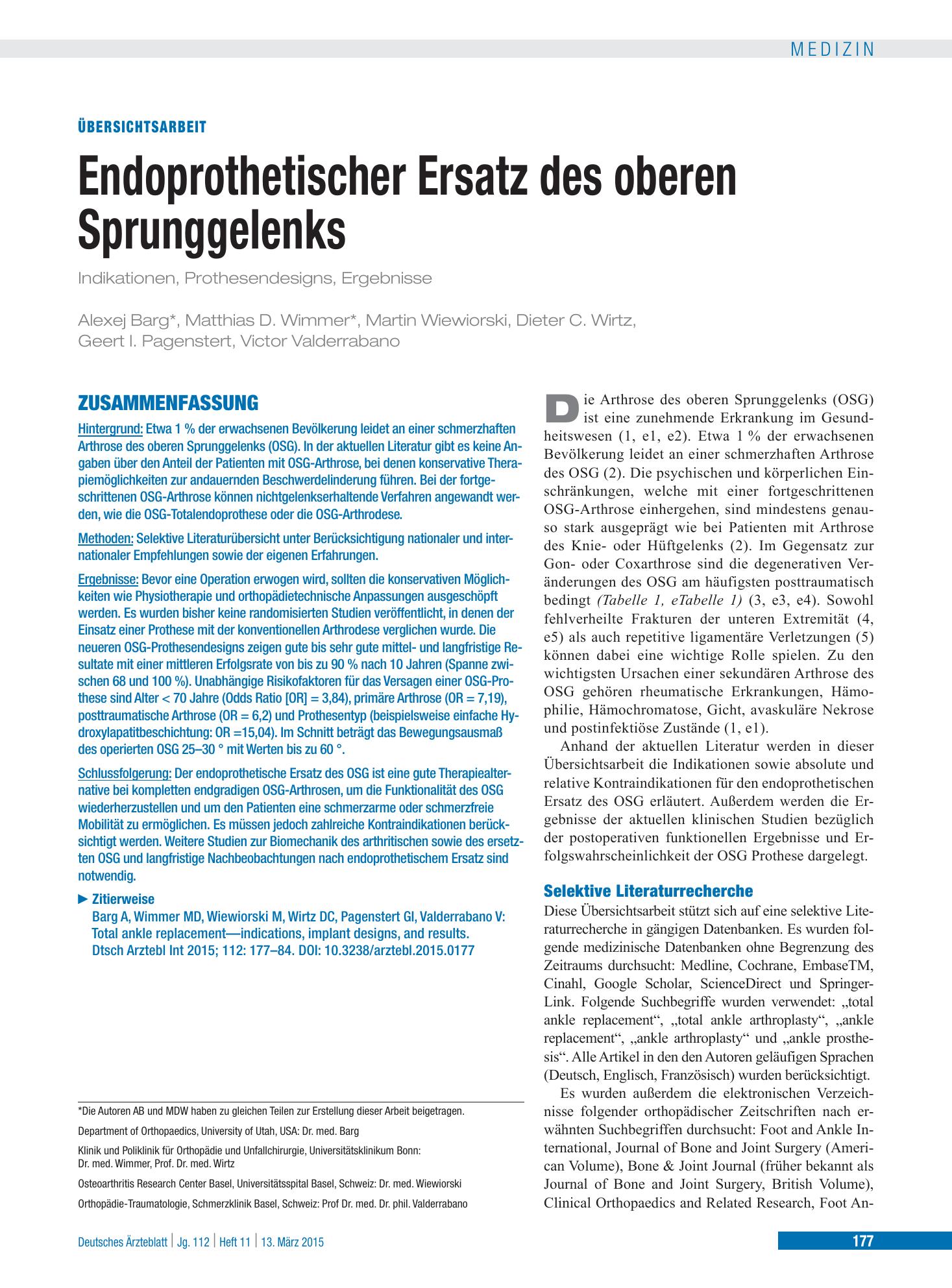 Vorschauseite 1: Endoprothetischer Ersatz des oberen Sprunggelenks – Deutsches Ärzteblatt