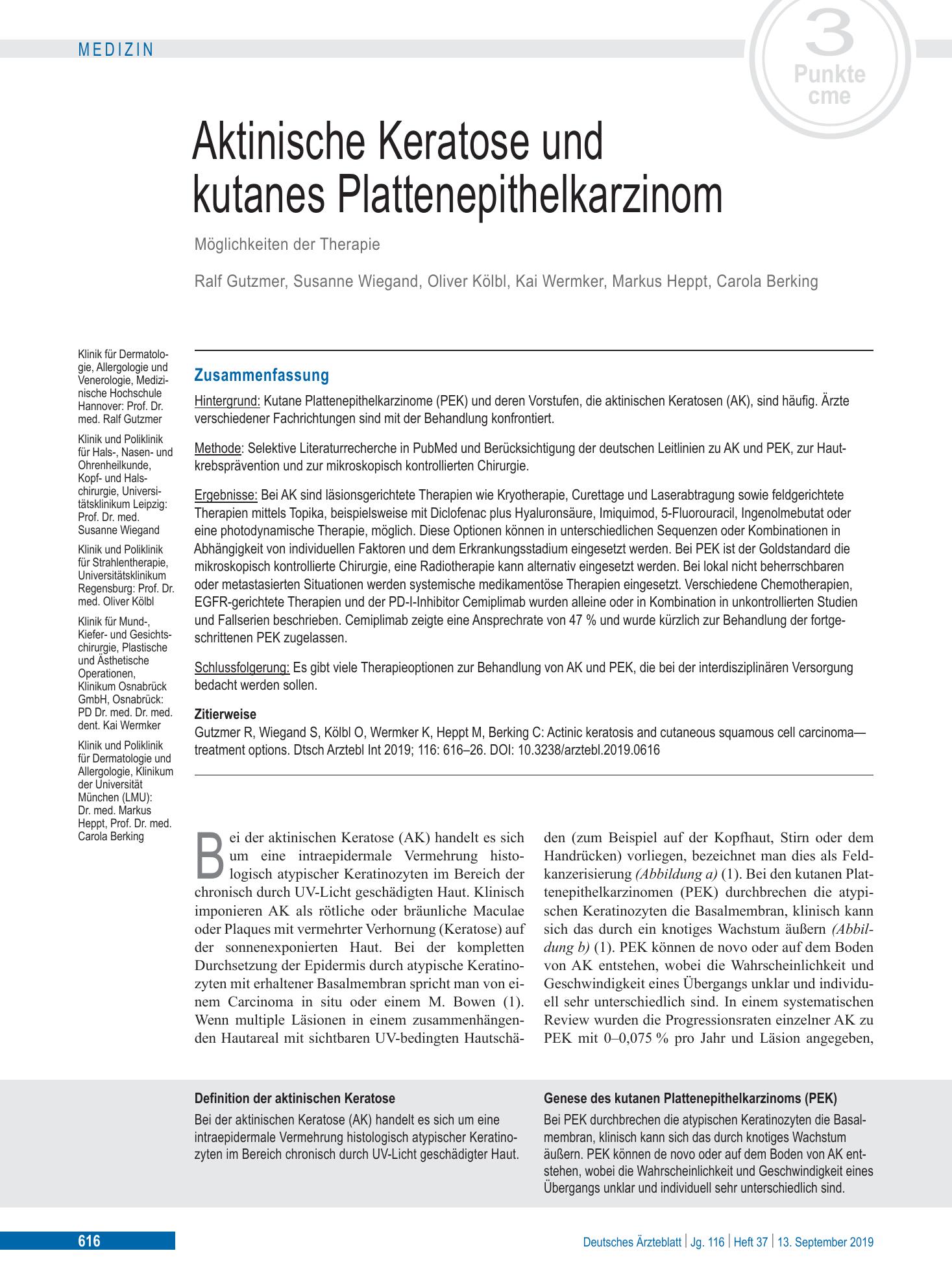 Vorschauseite 1: Aktinische Keratose und kutanes Plattenepithelkarzinom – Deutsches Ärzteblatt