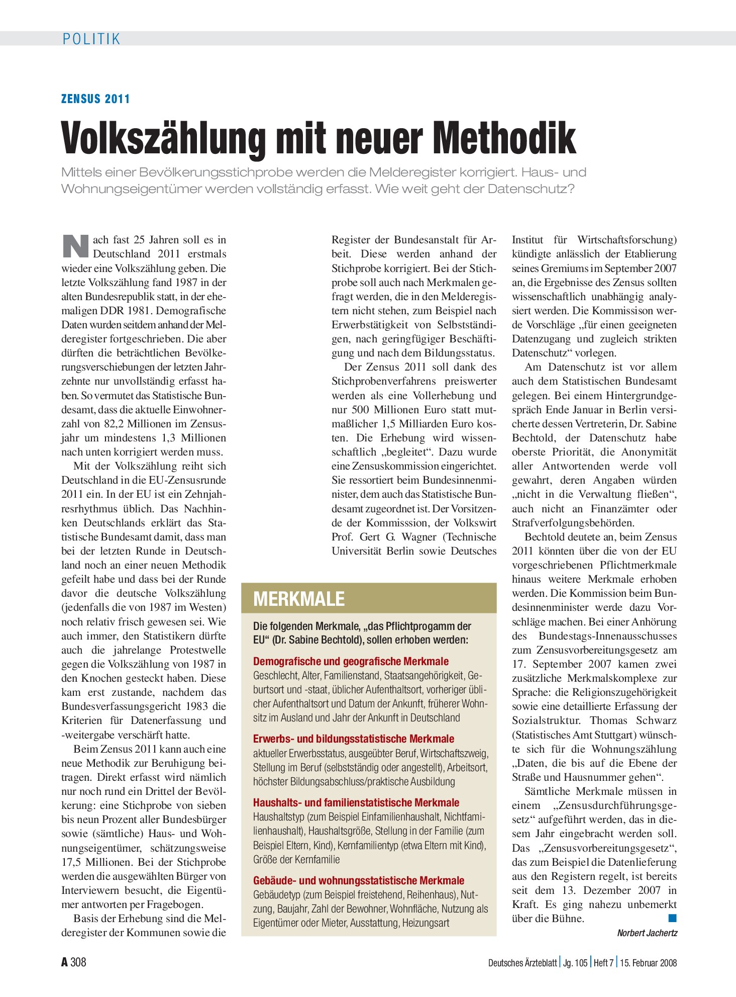 Vorschauseite 1: Zensus 2011: Volkszählung mit neuer Methodik – Deutsches Ärzteblatt