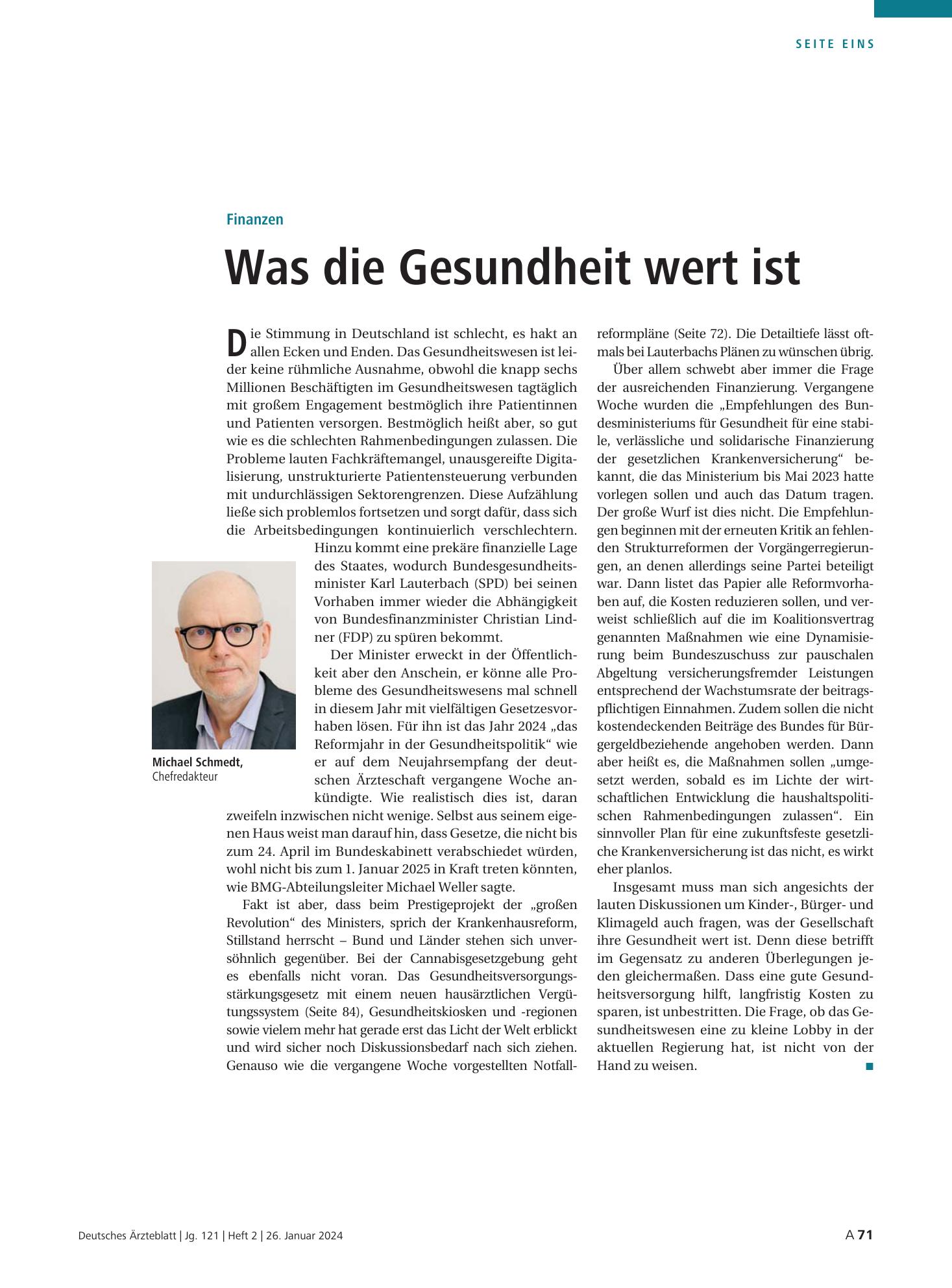 Vorschauseite 1: Finanzen: Was die Gesundheit wert ist – Deutsches Ärzteblatt