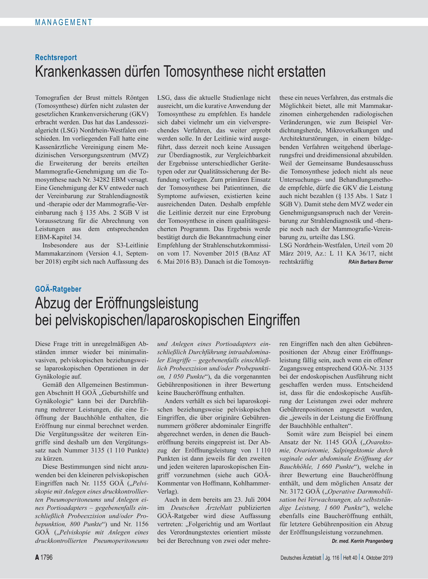 Vorschauseite 1: GOÄ-Ratgeber: Abzug der Eröffnungsleistung bei pelviskopischen/laparoskopischen Eingriffen – Deutsches Ärzteblatt