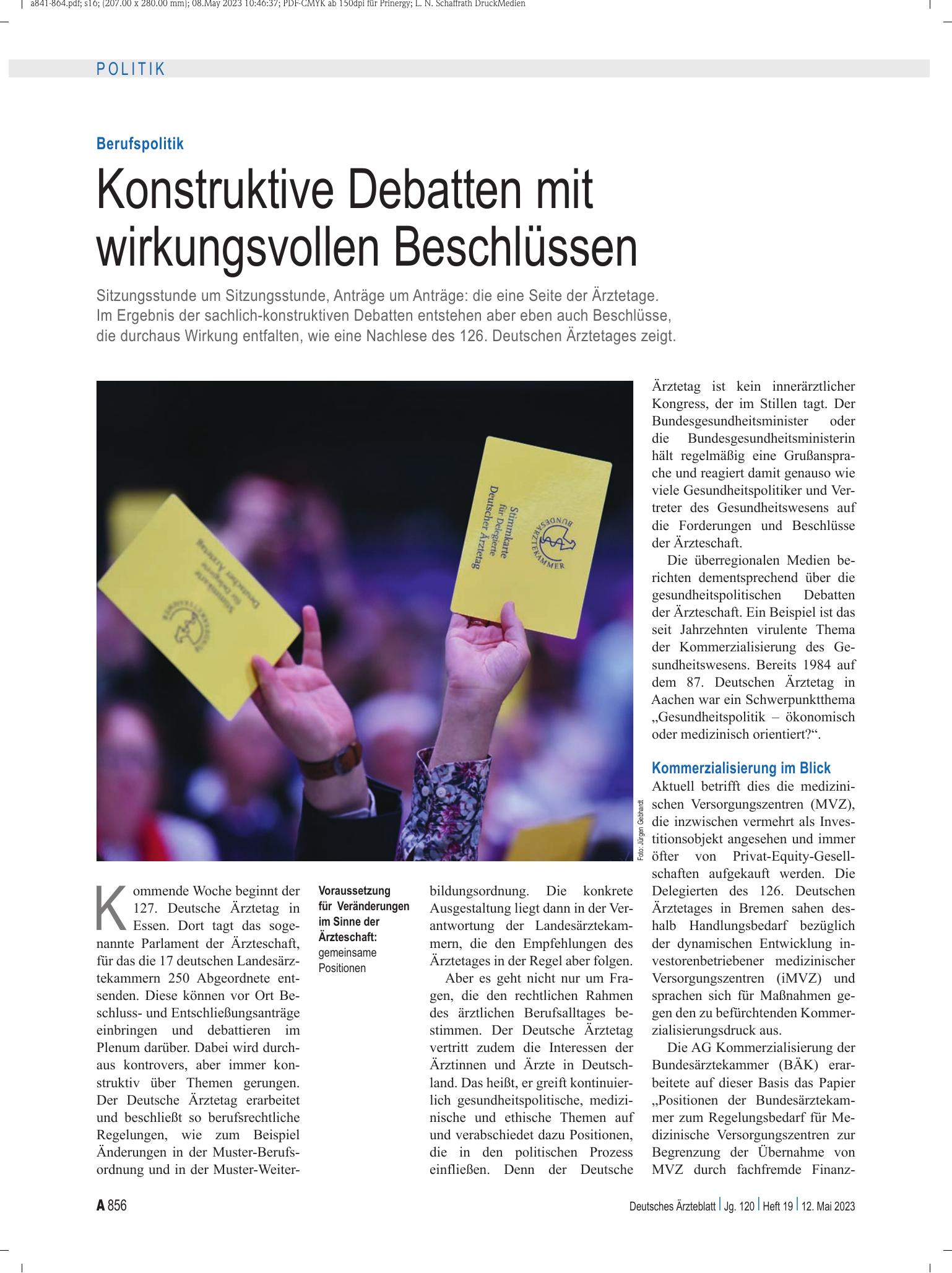 Vorschauseite 1: Berufspolitik: Konstruktive Debatten mit wirkungsvollen Beschlüssen – Deutsches Ärzteblatt