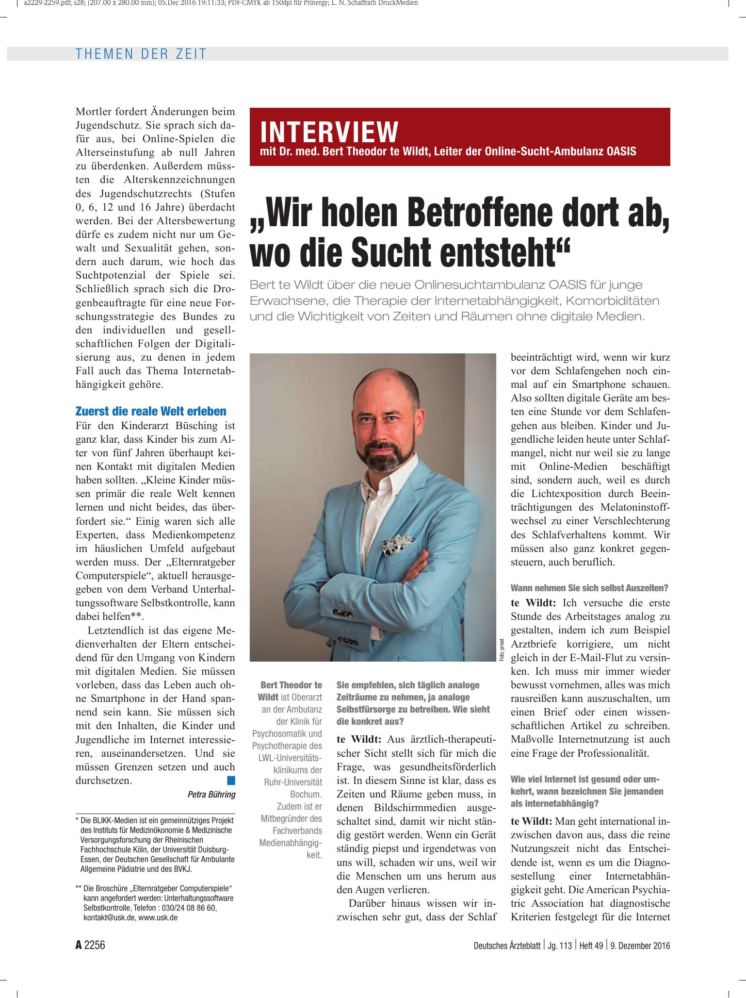 Vorschauseite 1: Interview mit Dr. med. Bert Theodor te Wildt, Leiter der Online-Sucht-Ambulanz OASIS: „Wir holen Betroffene dort ab, wo die Sucht entsteht“ – Deutsches Ärzteblatt
