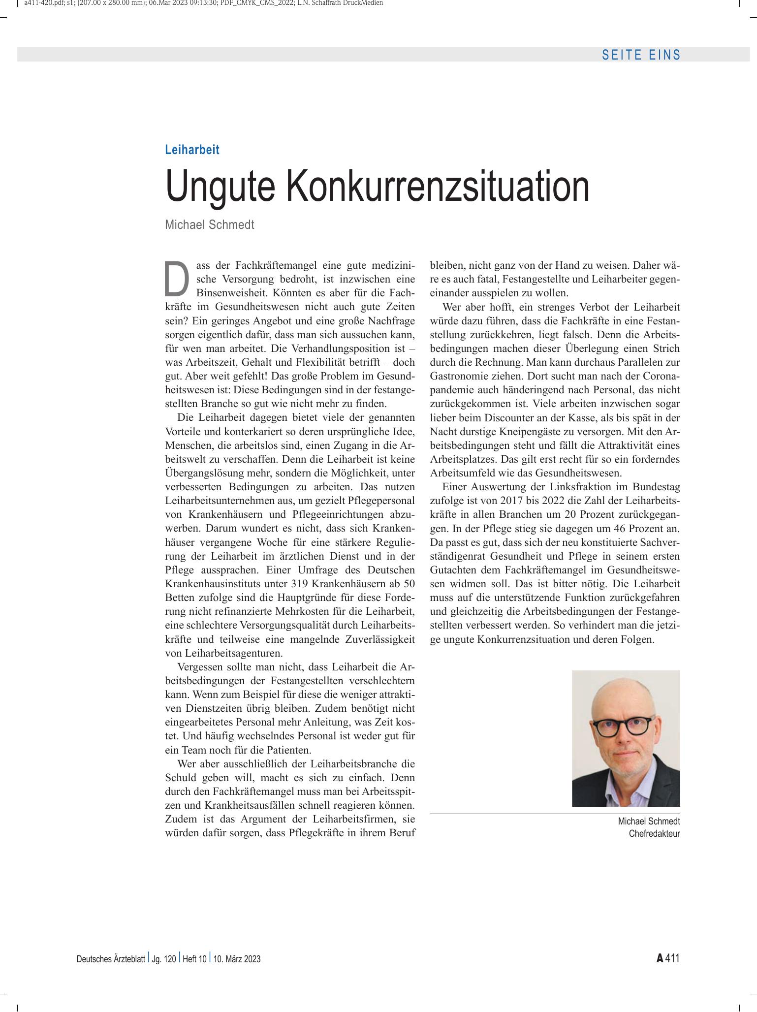 Vorschauseite 1: Leiharbeit: Ungute Konkurrenzsituation – Deutsches Ärzteblatt