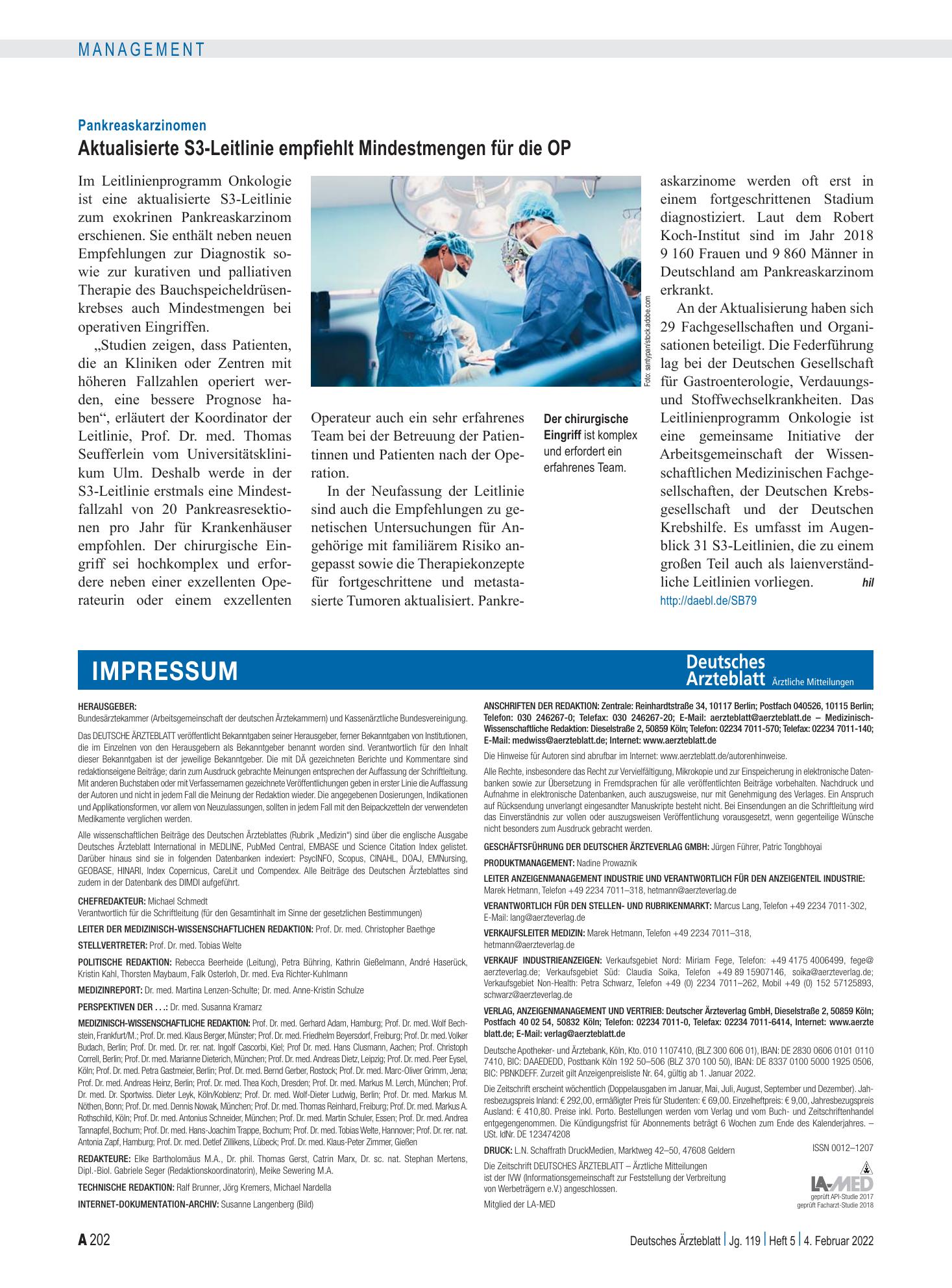 Vorschauseite 1: Pankreaskarzinomen: Aktualisierte S3-Leitlinie empfiehlt Mindestmengen für die OP – Deutsches Ärzteblatt