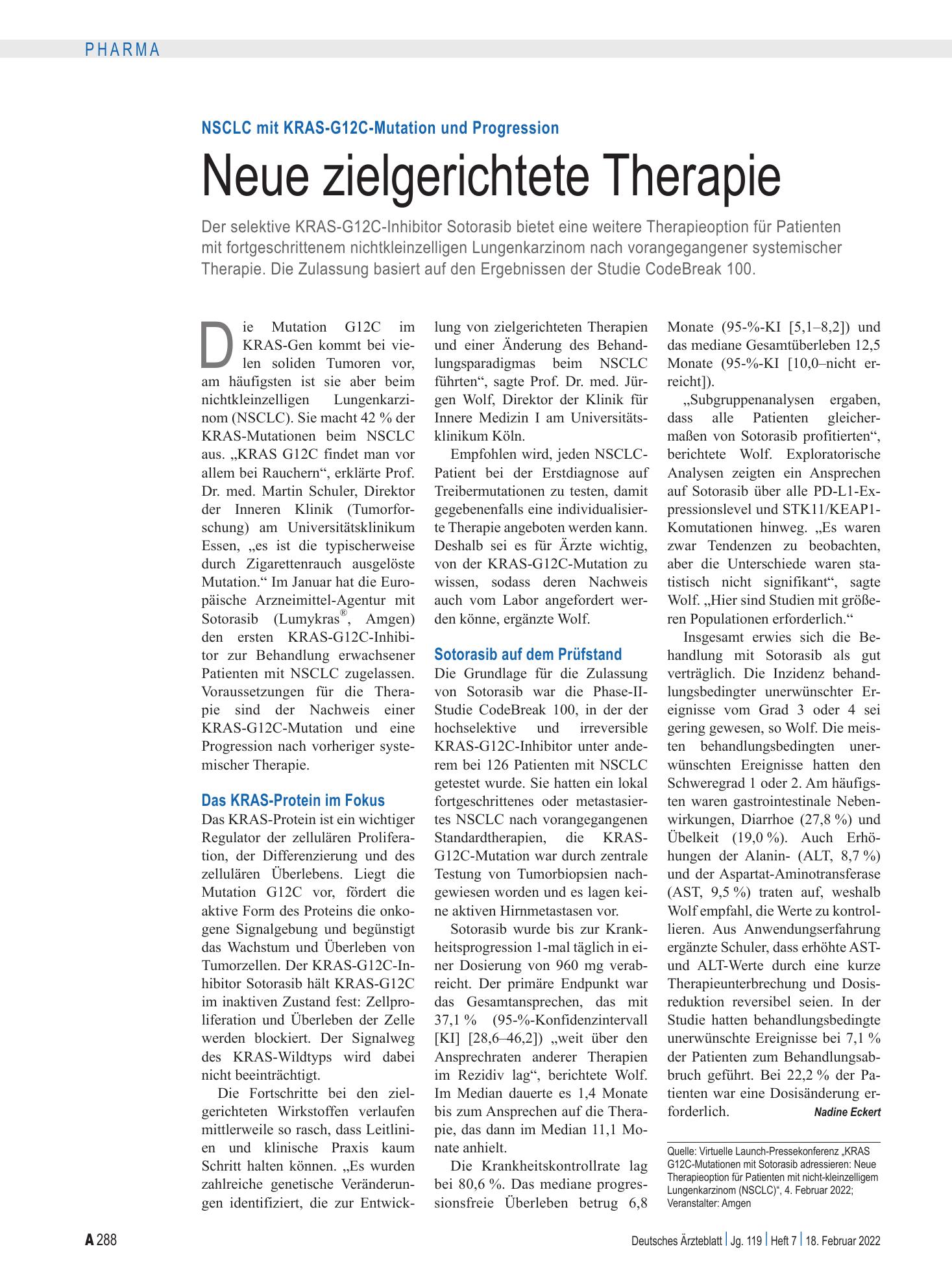 Vorschauseite 1: NSCLC mit KRAS-G12C-Mutation und Progression: Neue zielgerichtete Therapie – Deutsches Ärzteblatt