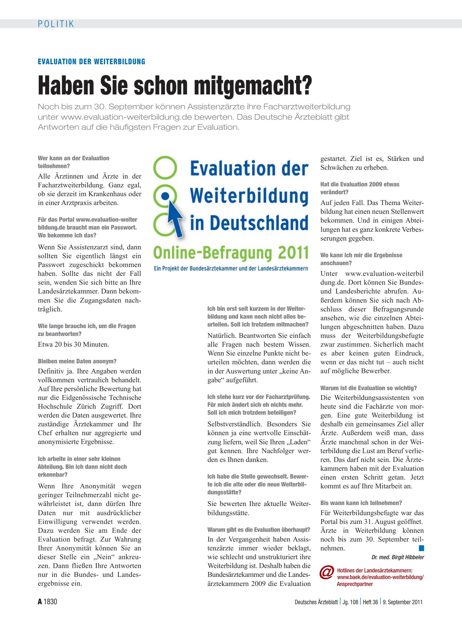 Vorschauseite 1: Evaluation der Weiterbildung: Haben Sie schon mitgemacht? – Deutsches Ärzteblatt