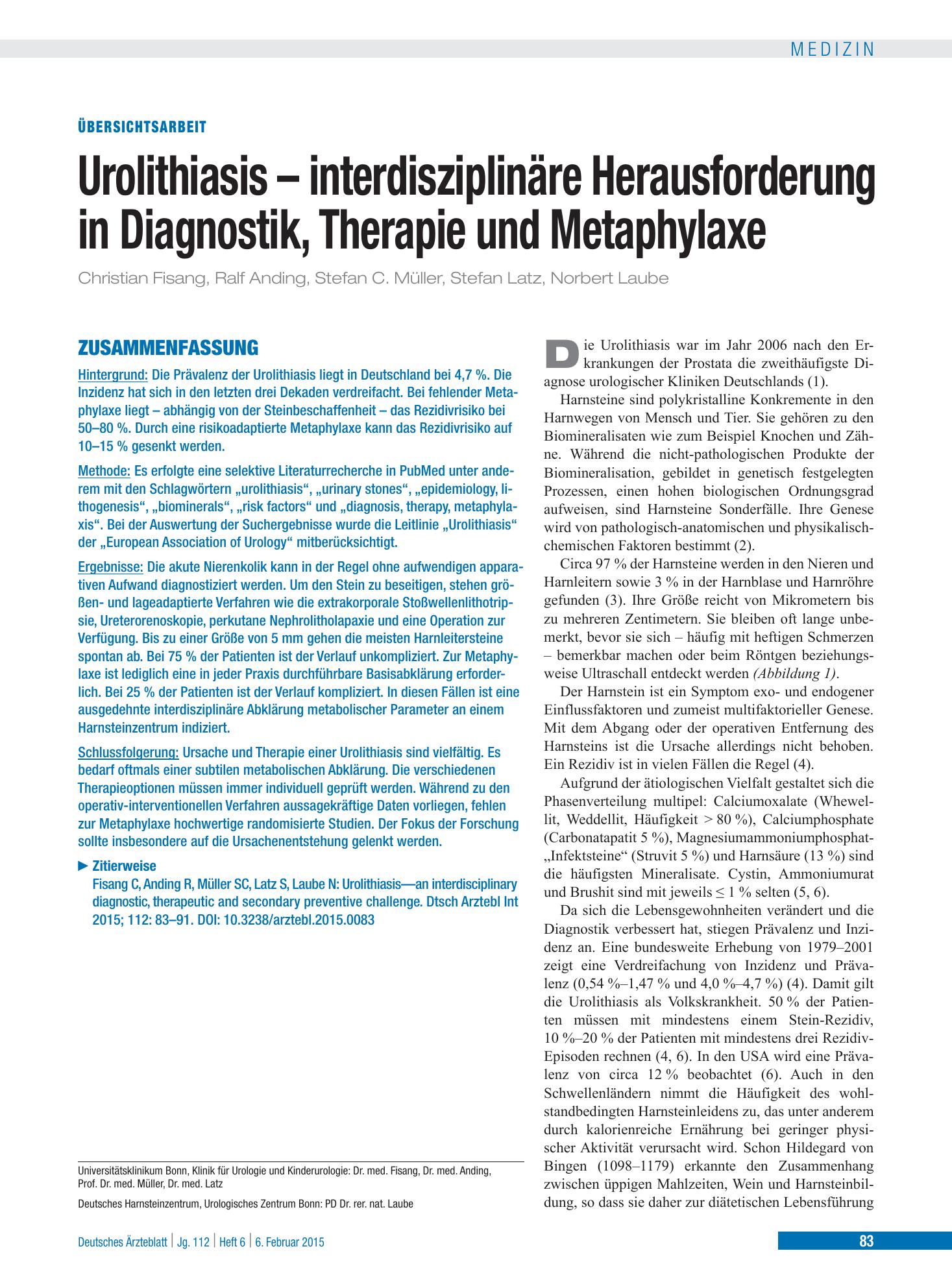 Vorschauseite 1: Urolithiasis – interdisziplinäre Herausforderung in Diagnostik, Therapie und Metaphylaxe – Deutsches Ärzteblatt