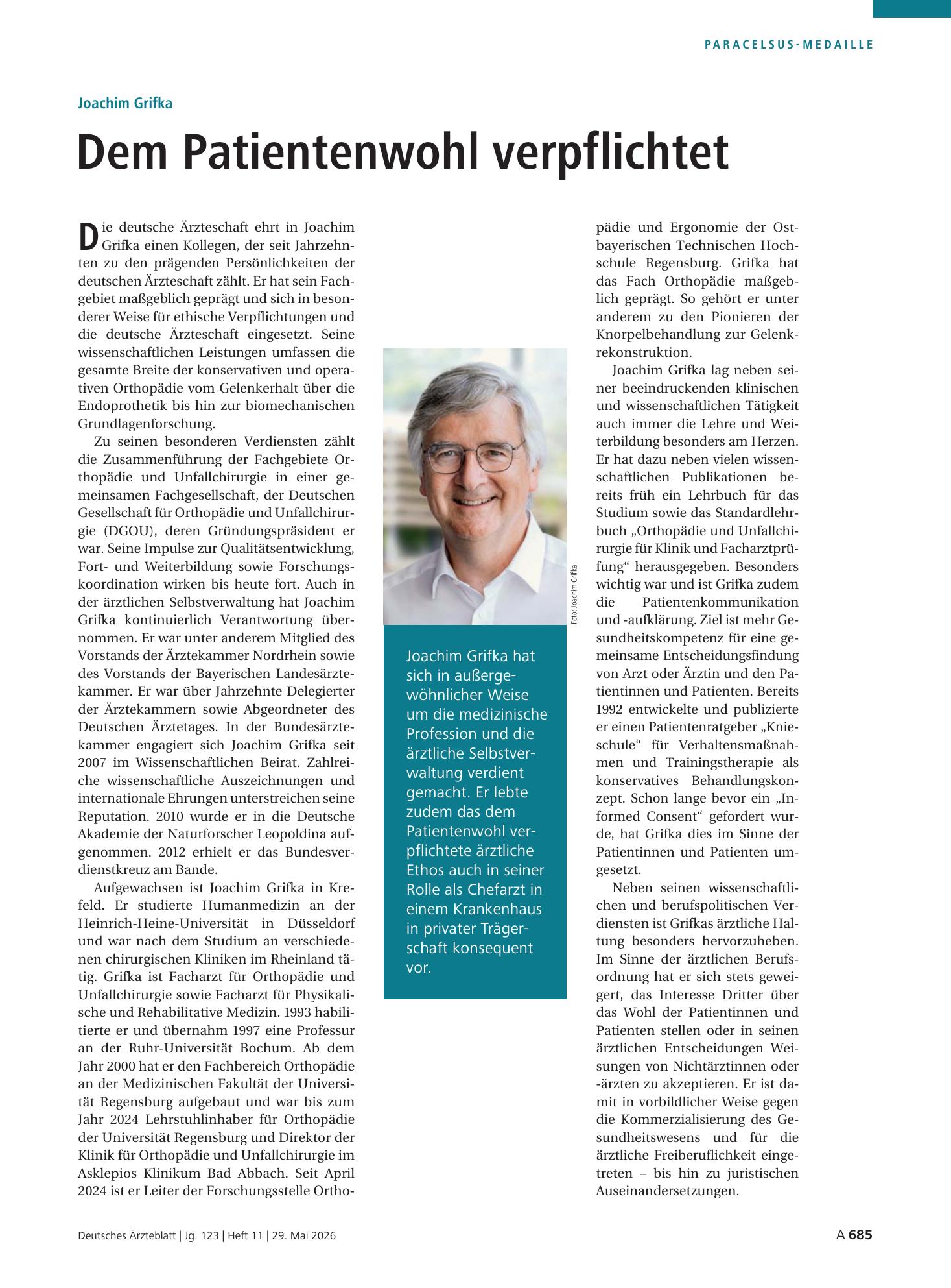 Vorschauseite 1: Joachim Grifka: Dem Patientenwohl verpflichtet – Deutsches Ärzteblatt