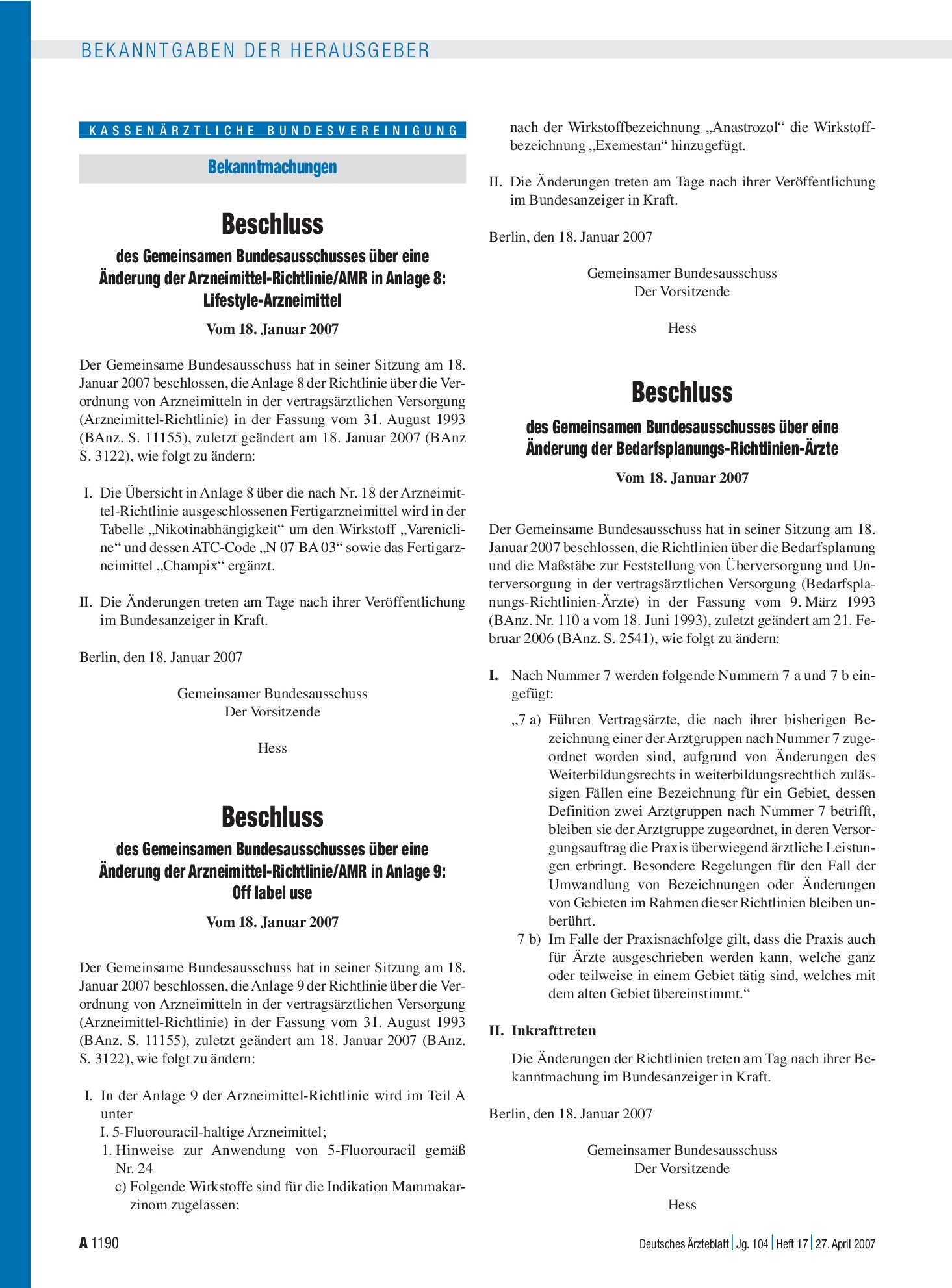 Vorschauseite 1: Beschluss des Gemeinsamen Bundesausschusses über eine Änderung der Bedarfsplanungs-Richtlinien-Ärzte Vom 18. Januar 2007 – Deutsches Ärzteblatt