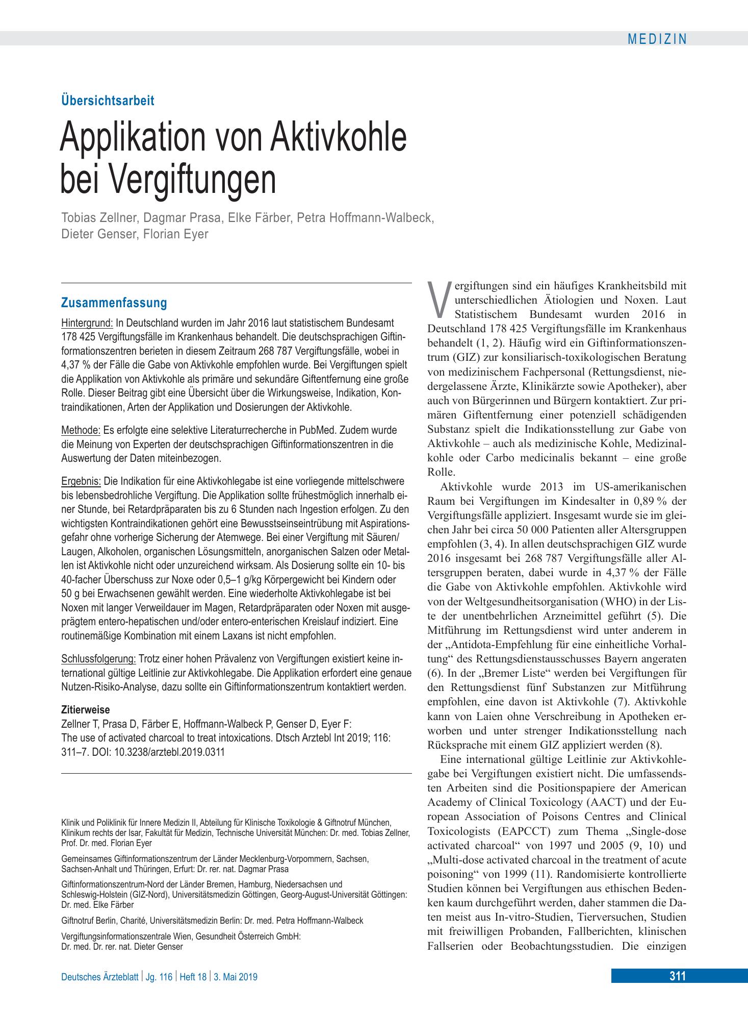 Vorschauseite 1: Applikation von Aktivkohle bei Vergiftungen – Deutsches Ärzteblatt