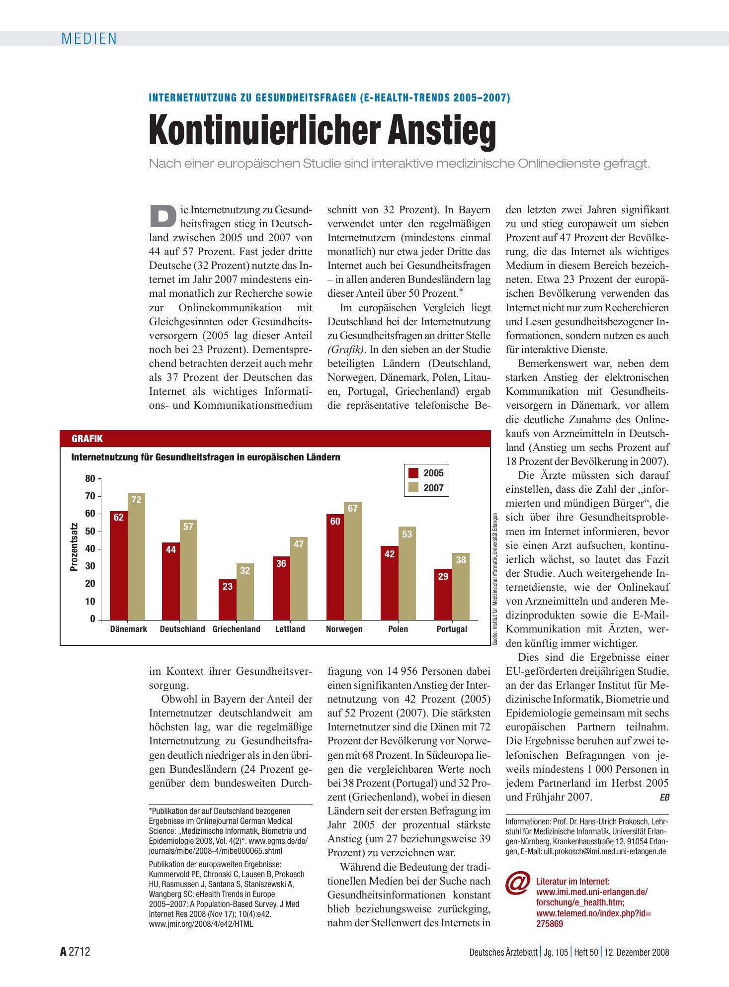 Vorschauseite 1: Internetnutzung zu Gesundheitsfragen (E-Health-Trends 2005–2007): Kontinuierlicher Anstieg – Deutsches Ärzteblatt