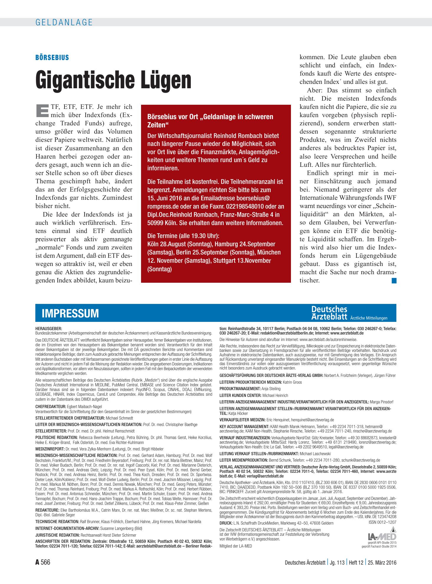 Vorschauseite 1: Börsebius: Gigantische Lügen – Deutsches Ärzteblatt
