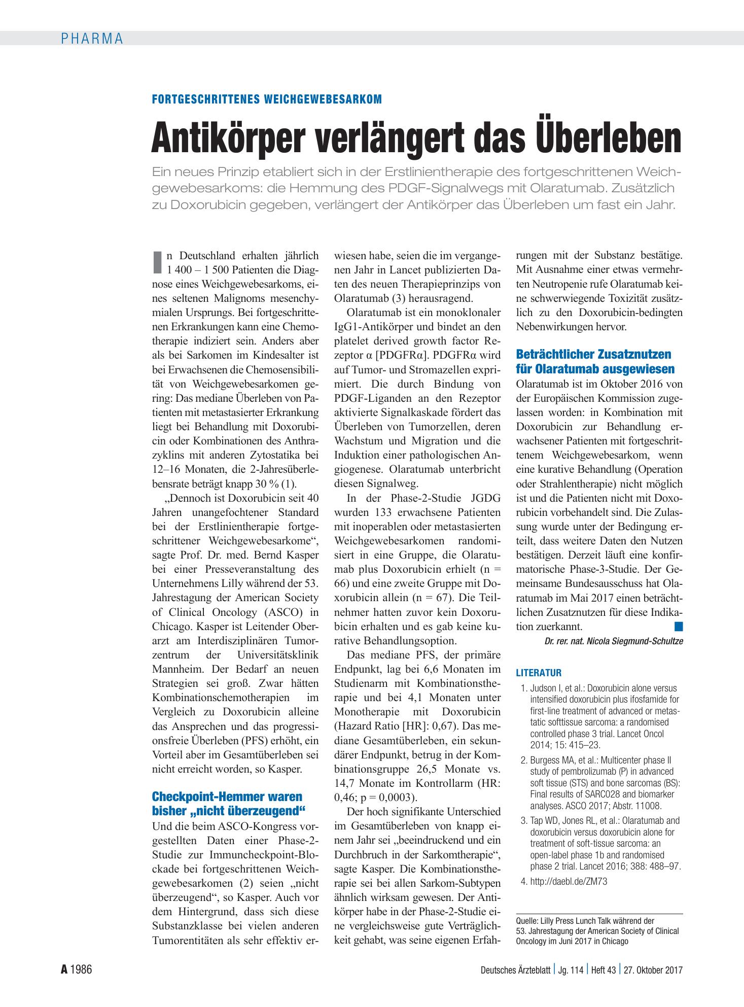 Vorschauseite 1: Fortgeschrittenes Weichgewebesarkom: Antikörper verlängert das Überleben – Deutsches Ärzteblatt
