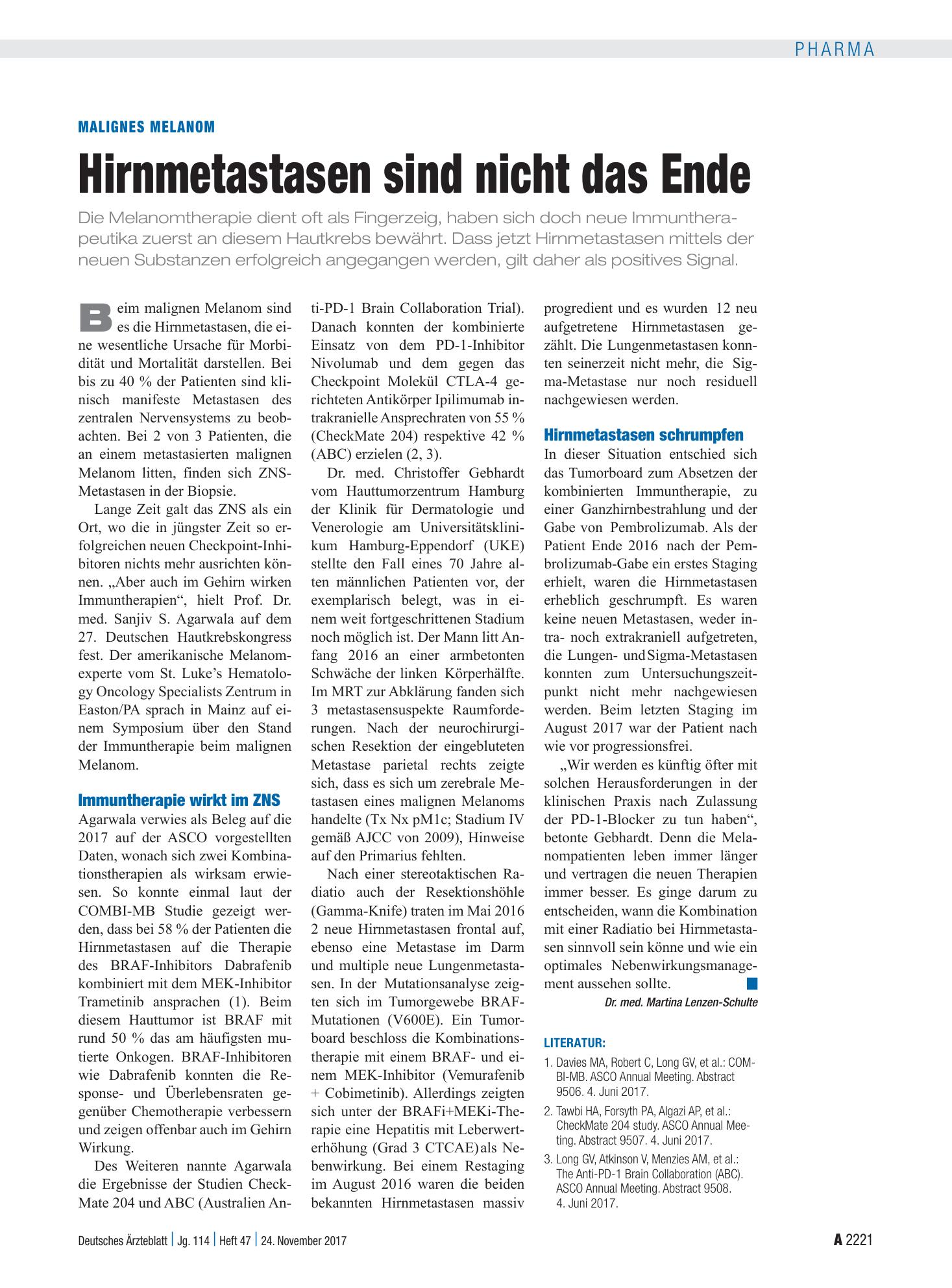 Vorschauseite 1: Malignes Melanom: Hirnmetastasen sind nicht das Ende – Deutsches Ärzteblatt