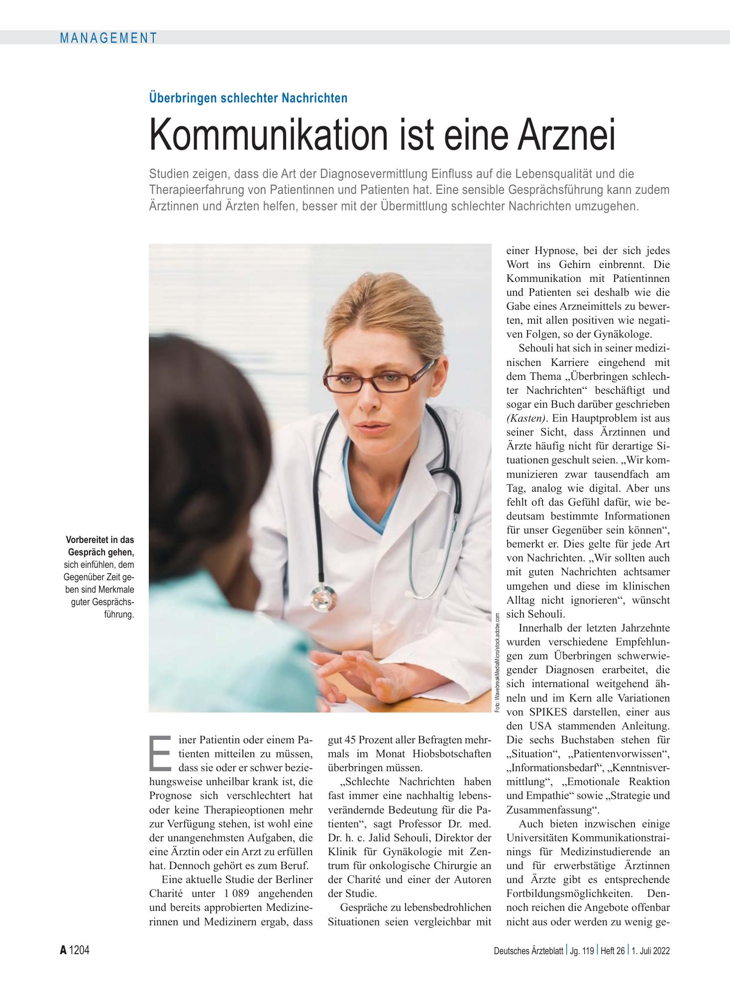Vorschauseite 1: Überbringen schlechter Nachrichten: Kommunikation ist eine Arznei – Deutsches Ärzteblatt