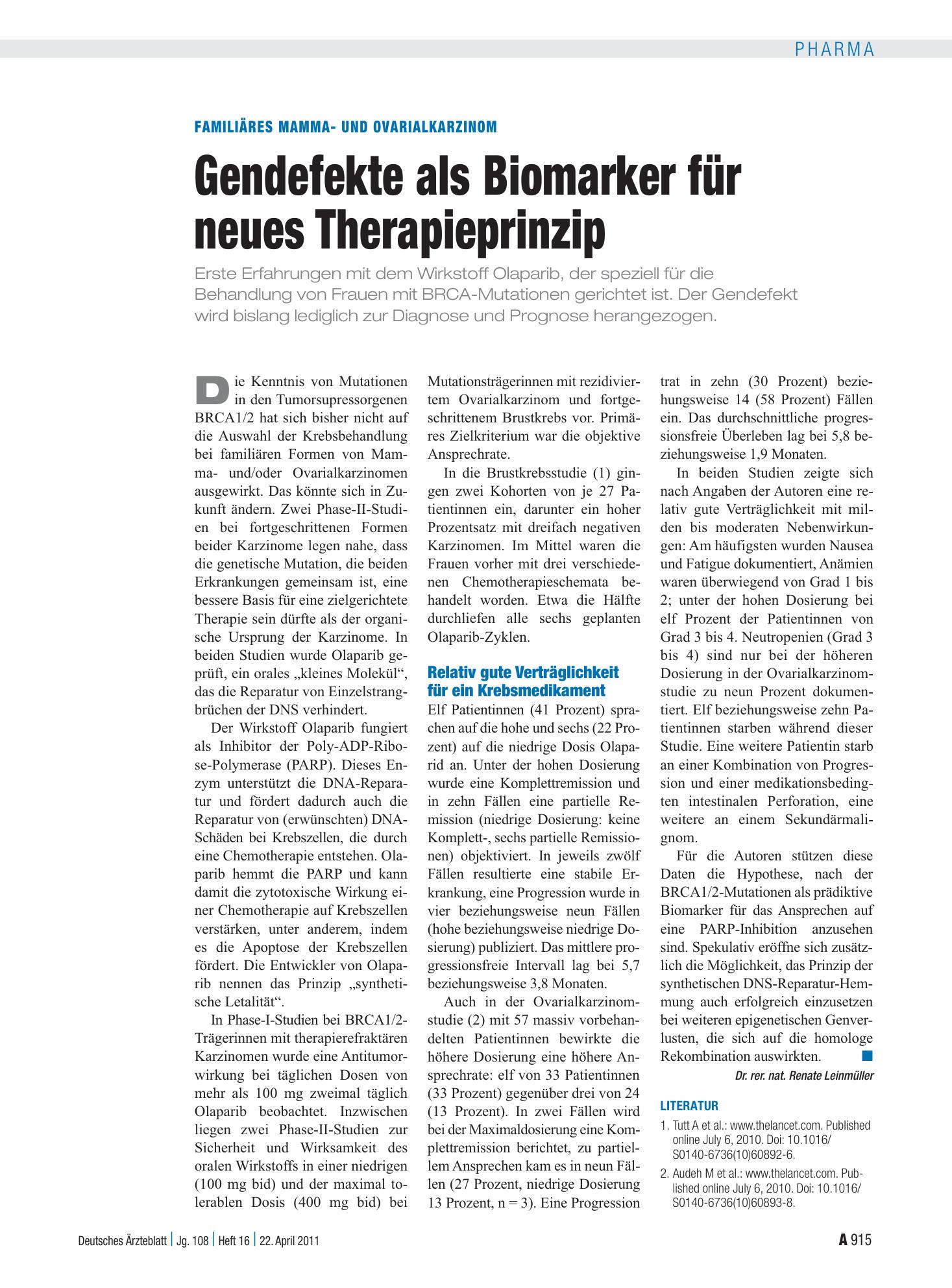 Vorschauseite 1: Familiäres Mamma- und Ovarialkarzinom: Gendefekte als Biomarker für neues Therapieprinzip – Deutsches Ärzteblatt