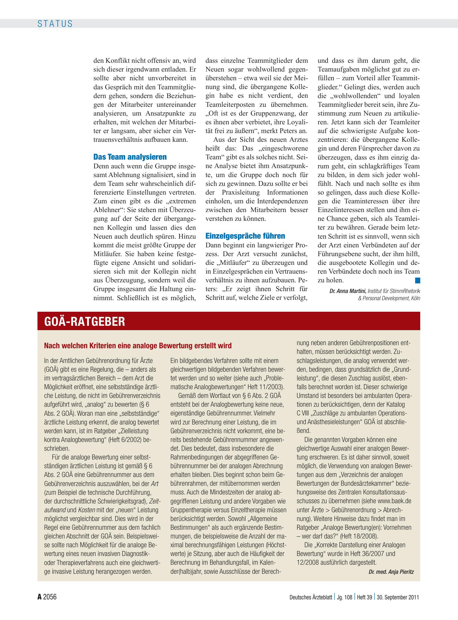 Vorschauseite 1: Nach welchen Kriterien eine analoge Bewertung erstellt wird – Deutsches Ärzteblatt