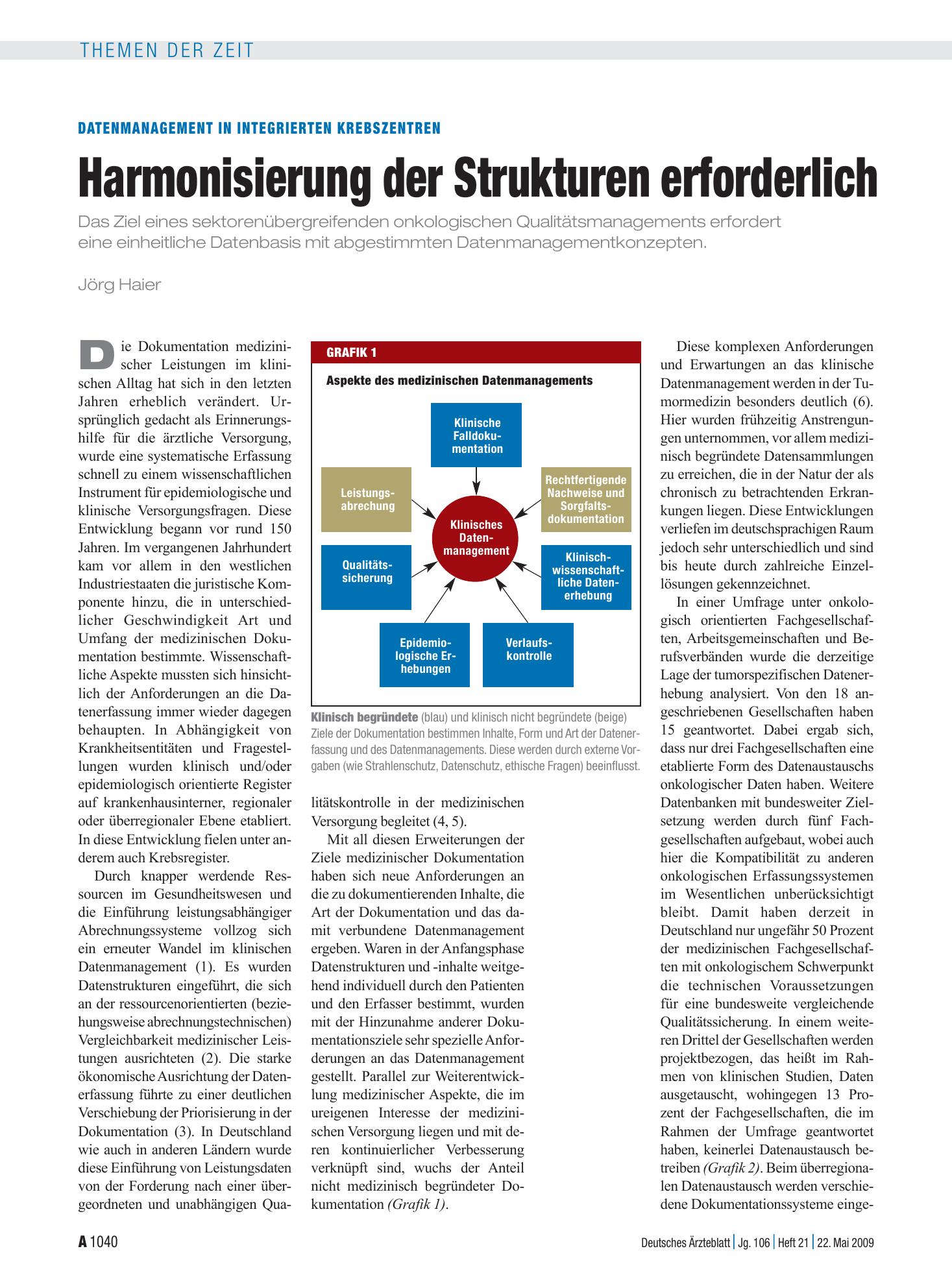 Vorschauseite 1: Datenmanagement in integrierten Krebszentren: Harmonisierung der Strukturen erforderlich – Deutsches Ärzteblatt