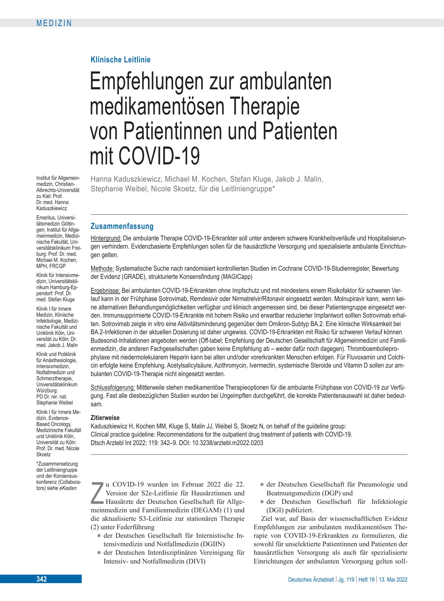 Vorschauseite 1: Empfehlungen zur ambulanten medikamentösen Therapie von Patientinnen und Patienten mit COVID-19 – Deutsches Ärzteblatt
