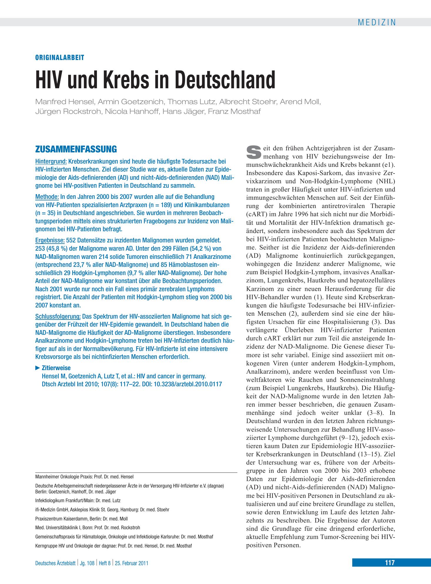 Vorschauseite 1: HIV und Krebs in Deutschland – Deutsches Ärzteblatt
