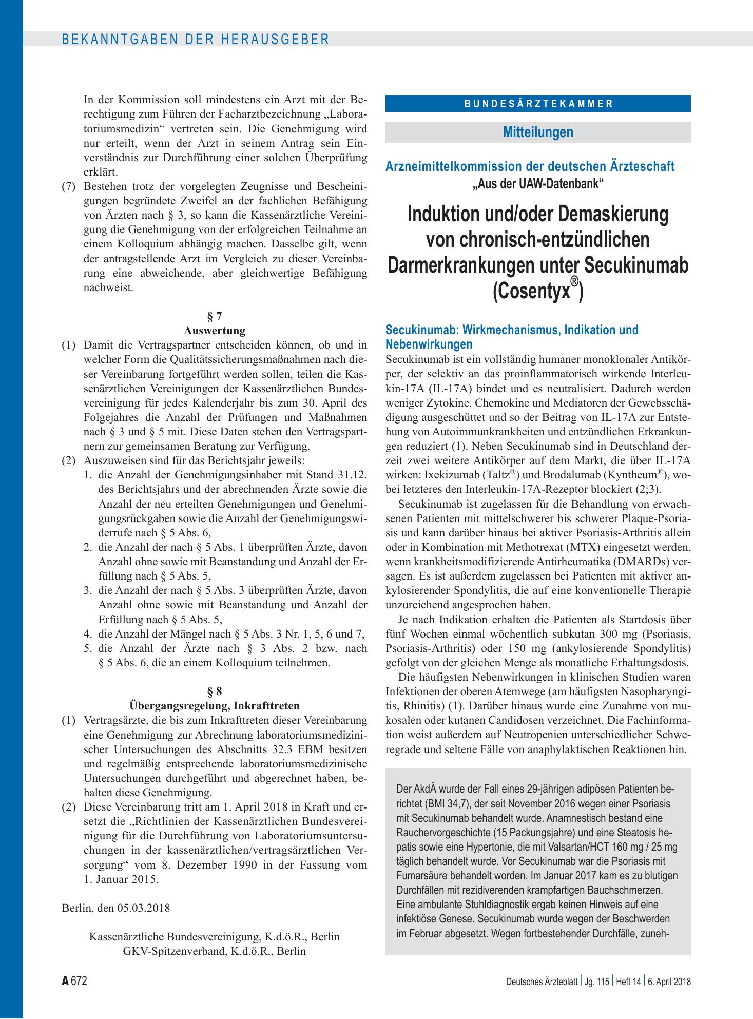 Vorschauseite 1: Arzneimittelkommission der deutschen Ärzteschaft: „Aus der UAW-Datenbank“ Induktion und/oder Demaskierung von chronisch-entzündlichen Darmerkrankungen unter Secukinumab (Cosentyx…