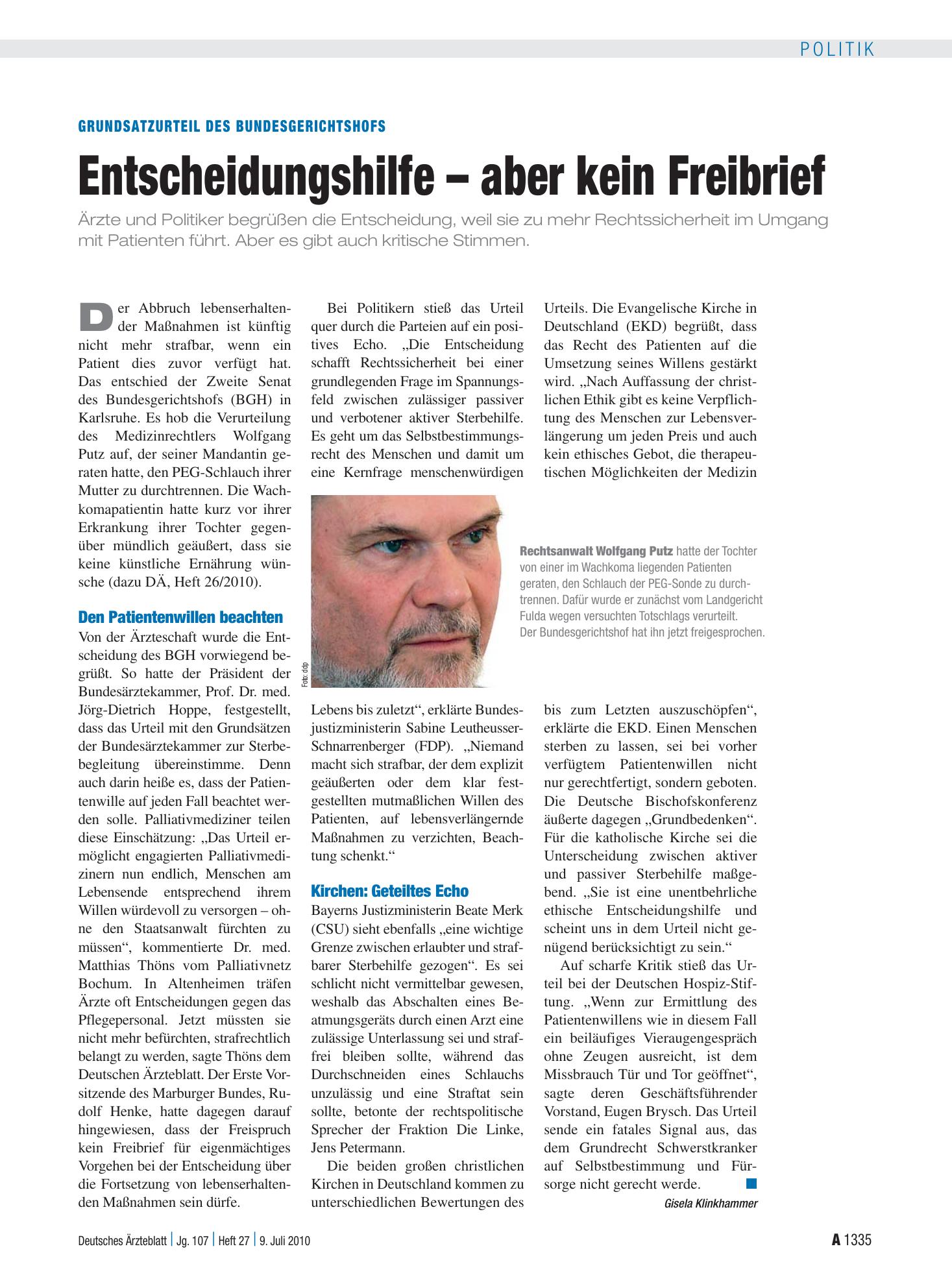 Vorschauseite 1: Grundsatzurteil des Bundesgerichtshofs: Entscheidungshilfe – aber kein Freibrief – Deutsches Ärzteblatt