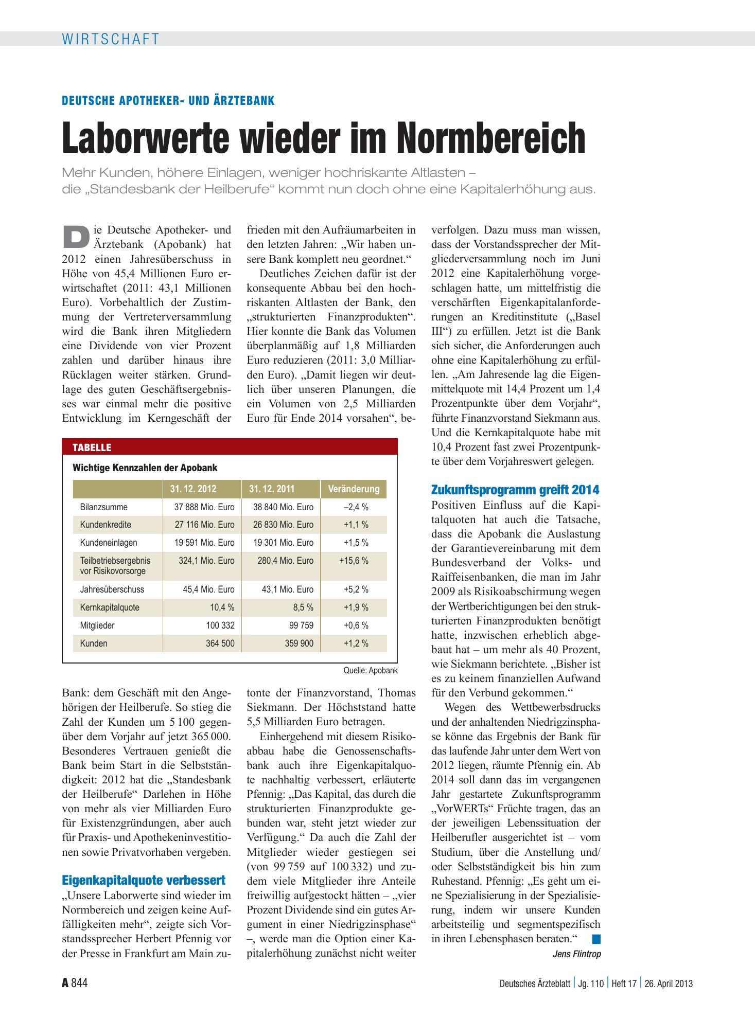 Vorschauseite 1: Deutsche Apotheker- und Ärztebank: Laborwerte wieder im Normbereich – Deutsches Ärzteblatt