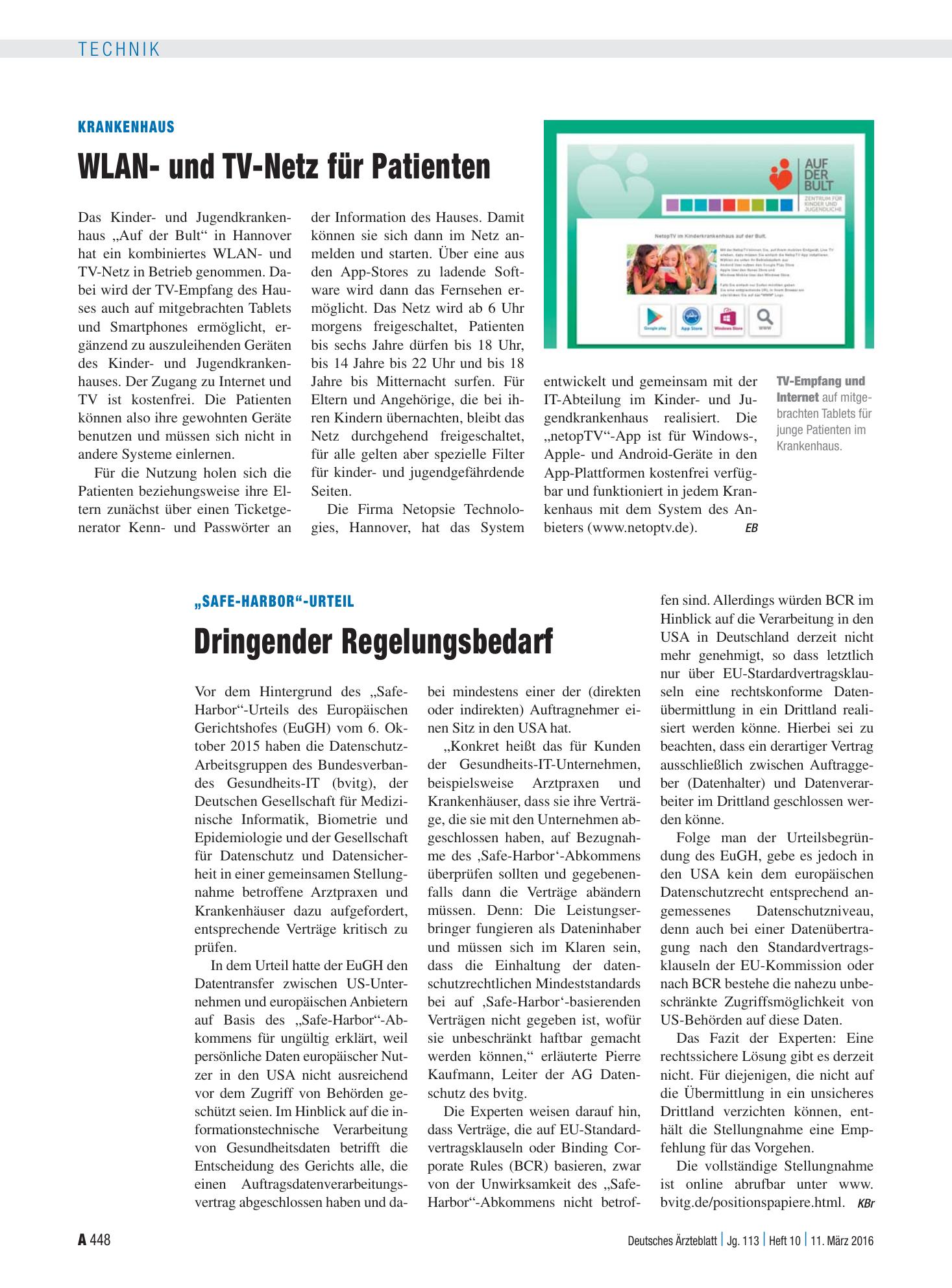 Vorschauseite 1: „Safe-Harbor“-Urteil: Dringender Regelungsbedarf – Deutsches Ärzteblatt