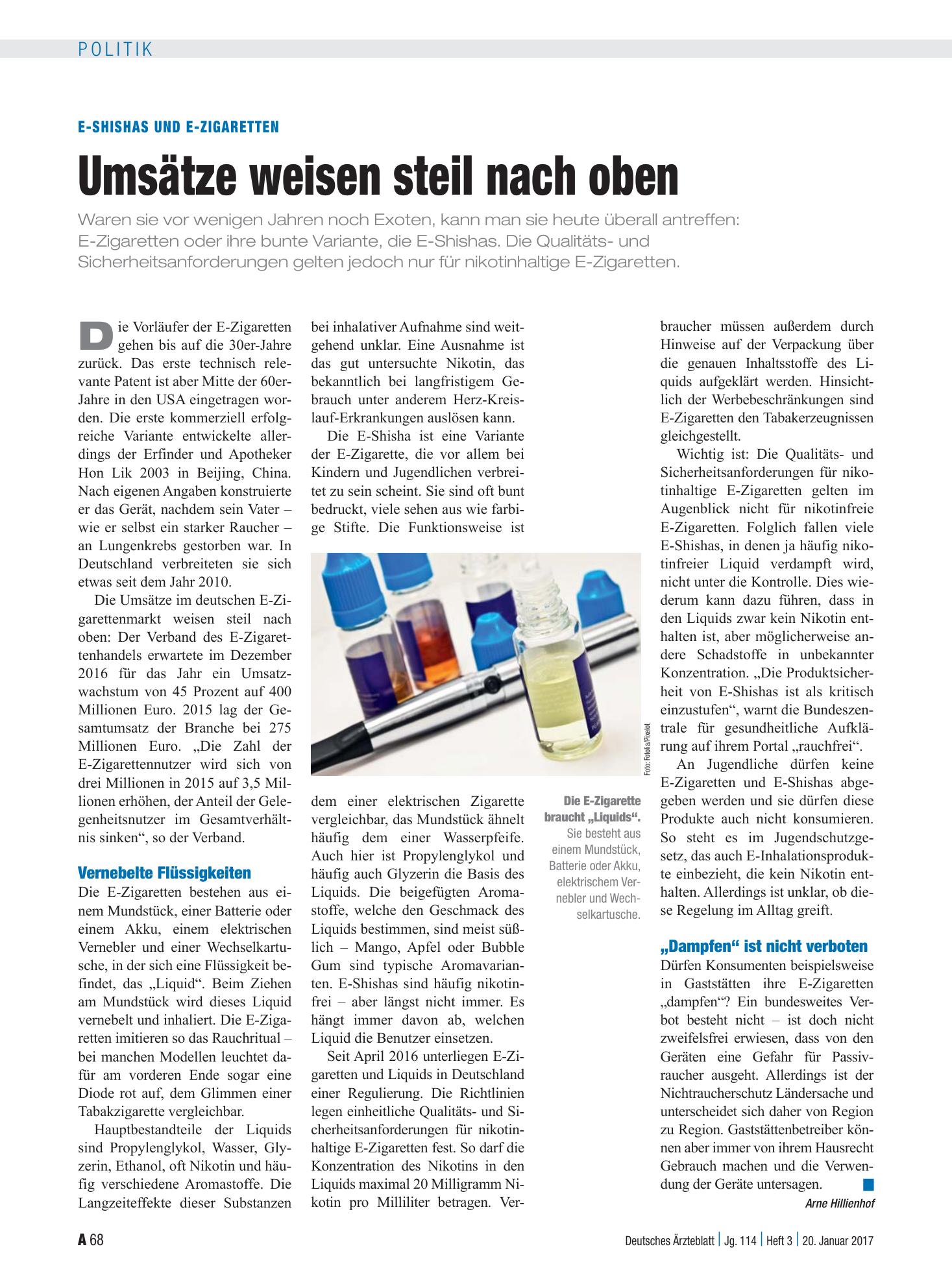 Vorschauseite 1: E-Shishas und E-Zigaretten: Umsätze weisen steil nach oben – Deutsches Ärzteblatt