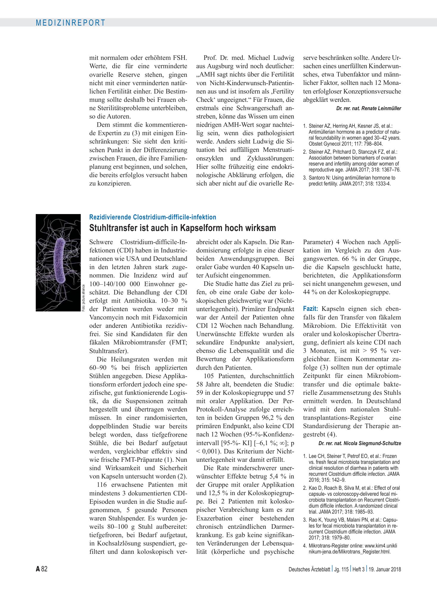 Vorschauseite 1: Rezidivierende Clostridium-difficile-infektion: Stuhltransfer ist auch in Kapselform hoch wirksam – Deutsches Ärzteblatt