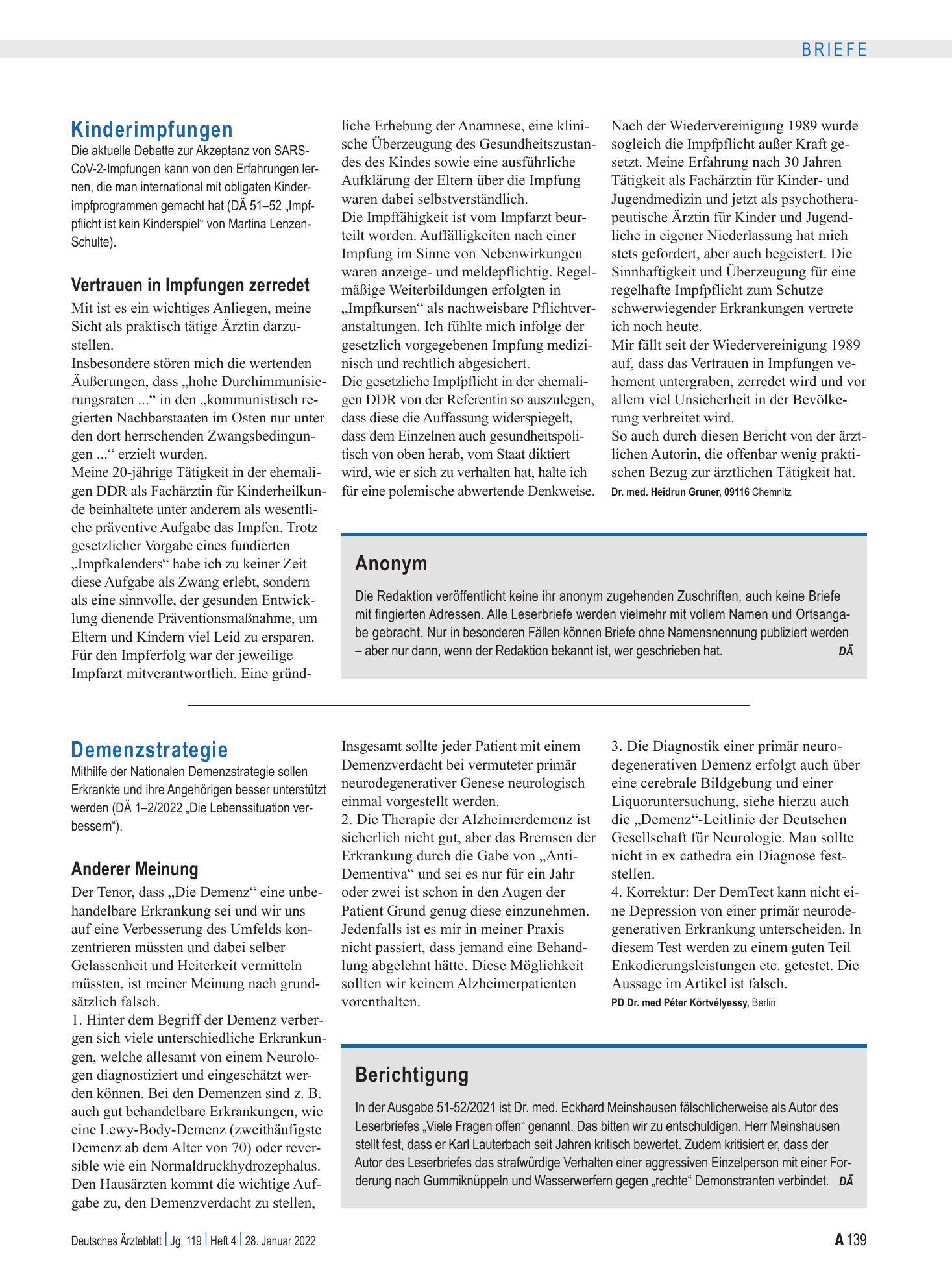 Vorschauseite 1: Anonym – Deutsches Ärzteblatt