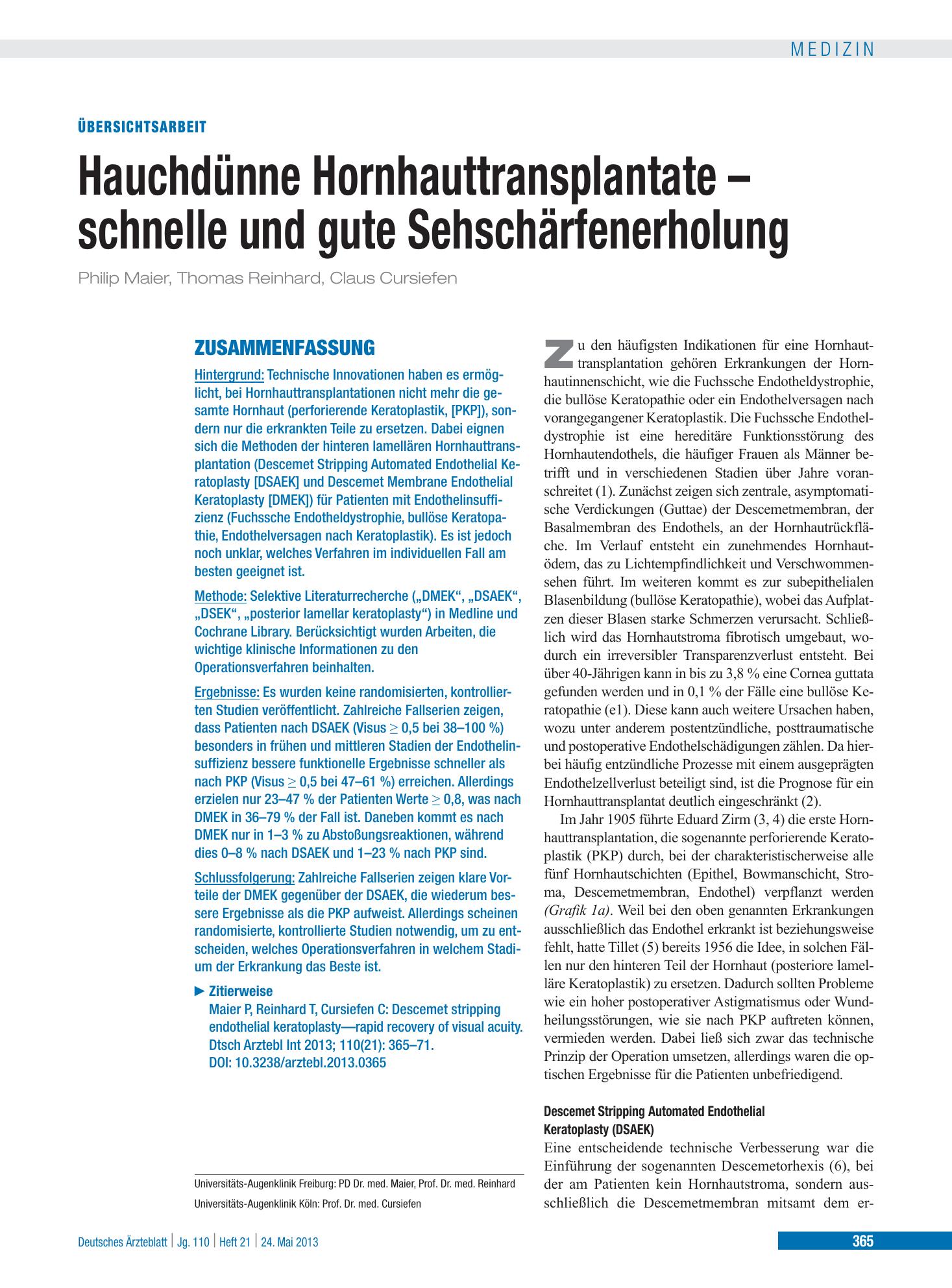 Vorschauseite 1: Hauchdünne Hornhauttransplantate – schnelle und gute Sehschärfenerholung – Deutsches Ärzteblatt