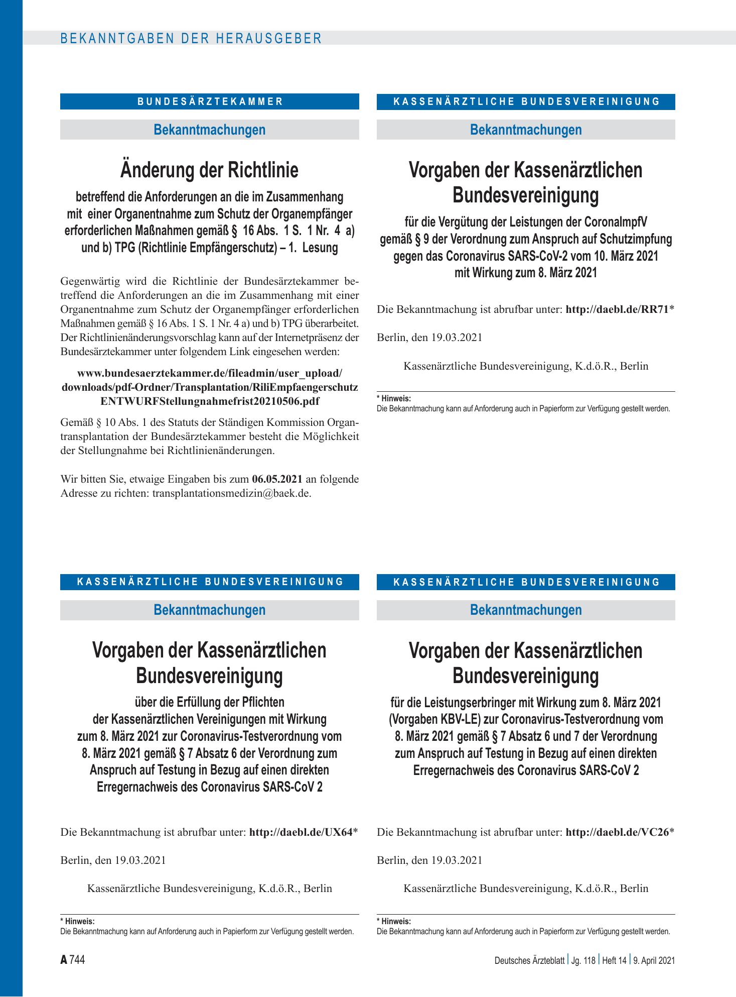 Vorschauseite 1: Vorgaben der Kassenärztlichen Bundesvereinigung für die Vergütung der Leistungen der CoronaImpfV gemäß § 9 der Verordnung zum Anspruch auf Schutzimpfung gegen das Coronavirus SARS…