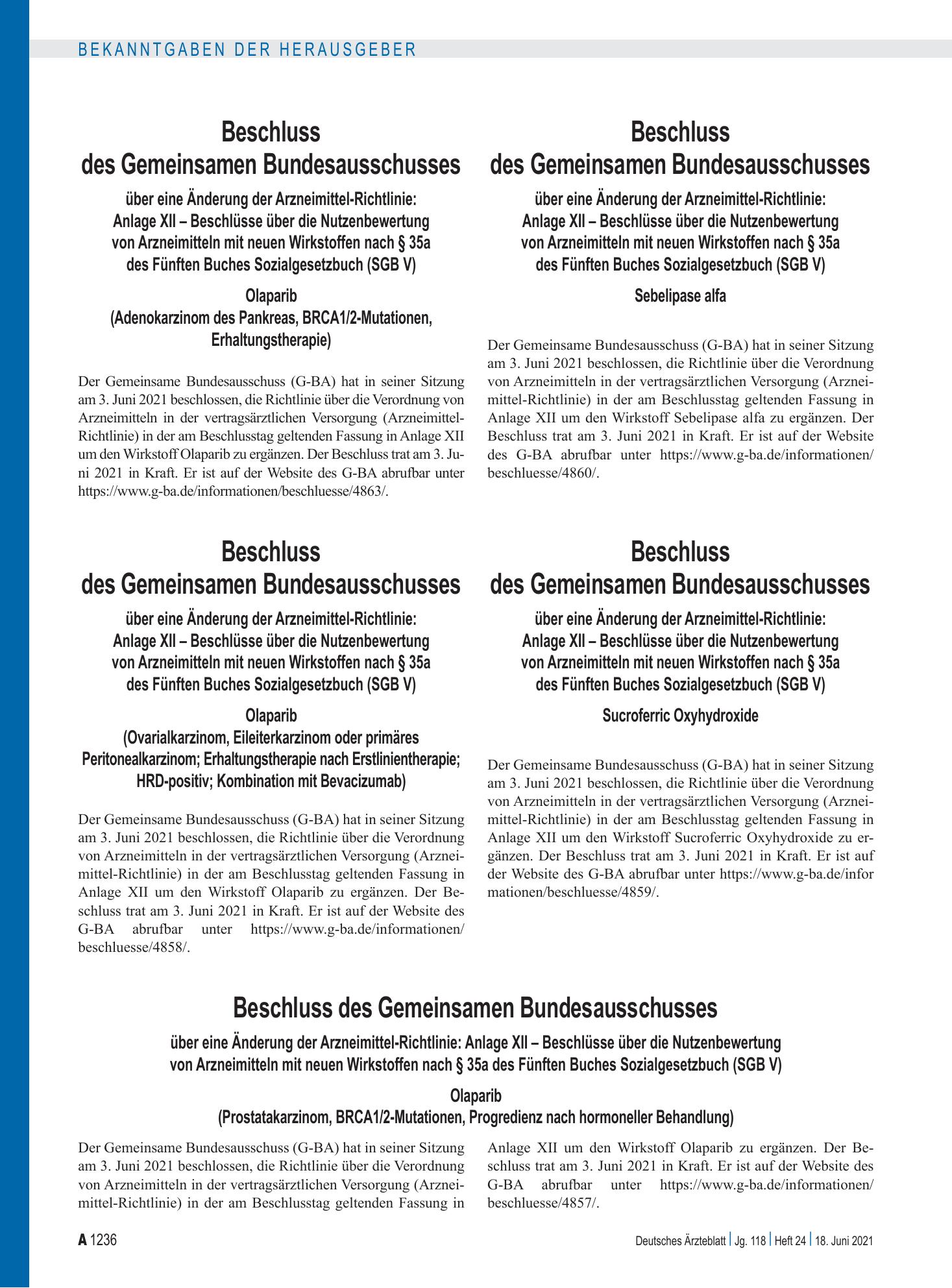 Vorschauseite 1: Beschluss des Gemeinsamen Bundesausschusses über eine Änderung der Arzneimittel-Richtlinie: Anlage XII – Olaparib (Prostatakarzinom, BRCA1/2-Mutationen, Progredienz nach hormonell…