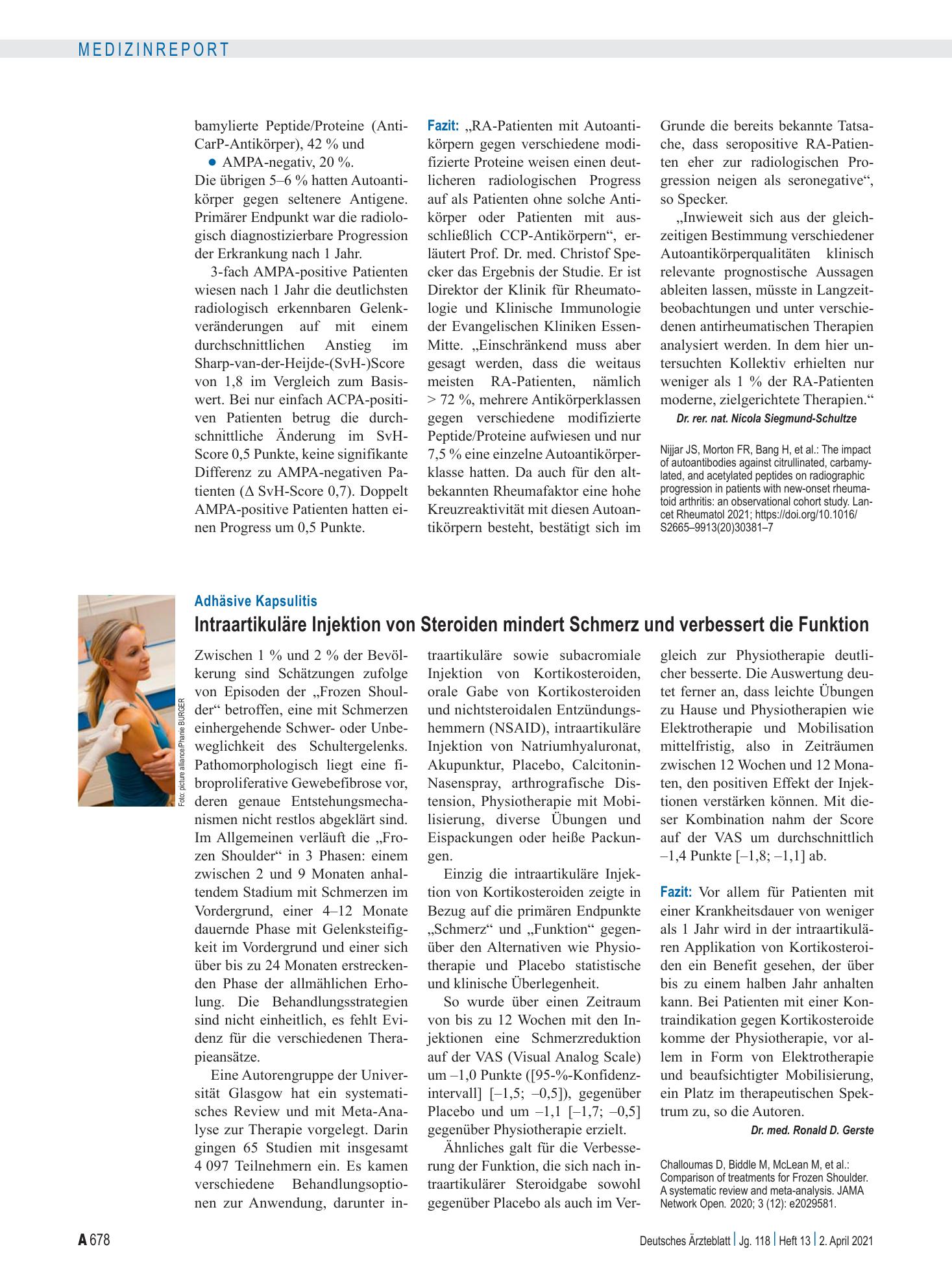 Vorschauseite 1: Adhäsive Kapsulitis: Intraartikuläre Injektion von Steroiden mindert Schmerz und verbessert die Funktion – Deutsches Ärzteblatt