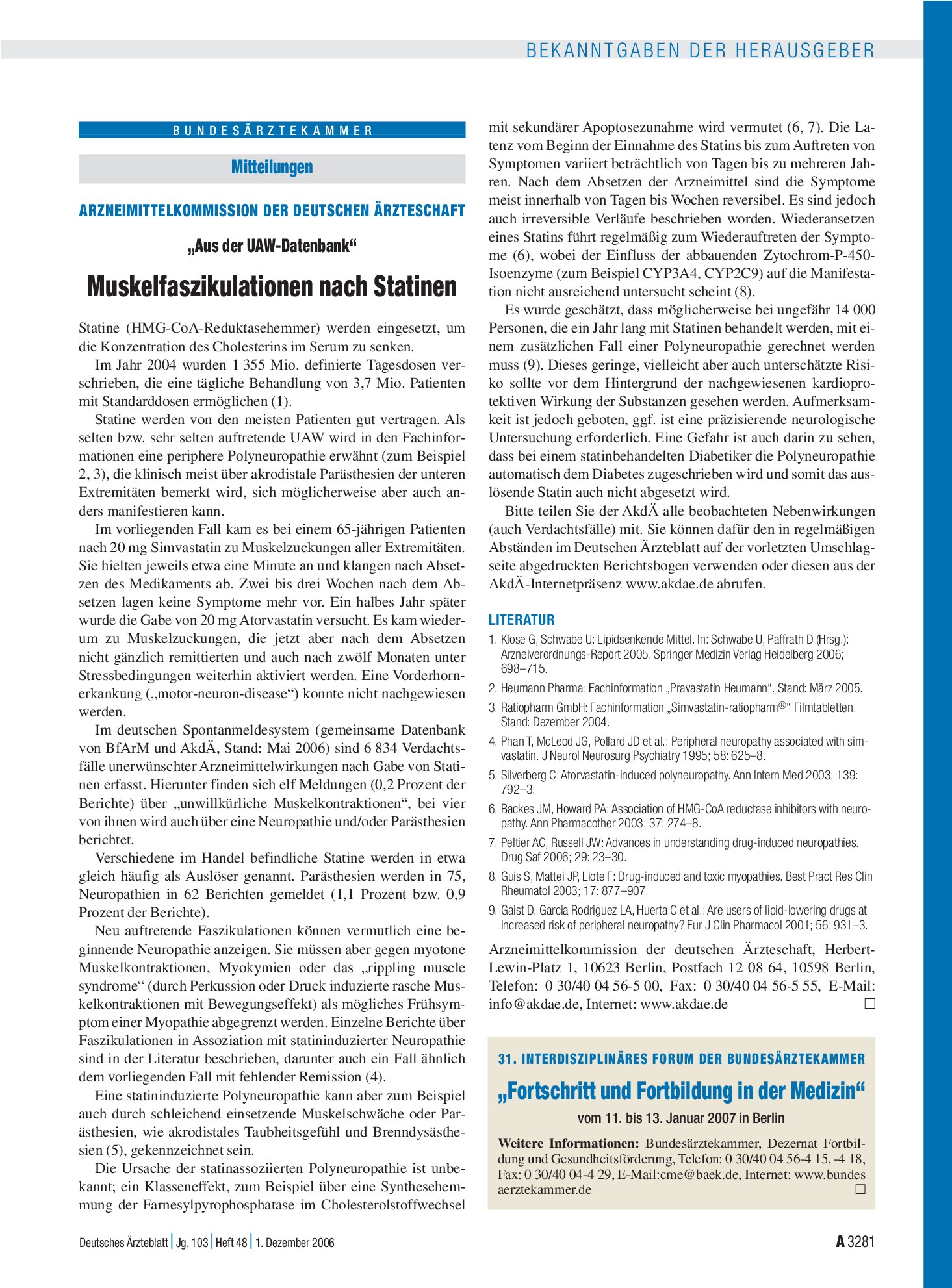 Vorschauseite 1: 31. Interdisziplinäres Forum der Bundesärztekammer „Fortschritt und Fortbildung in der Medizin“ vom 11. bis 13. Januar 2007 in Berlin – Deutsches Ärzteblatt