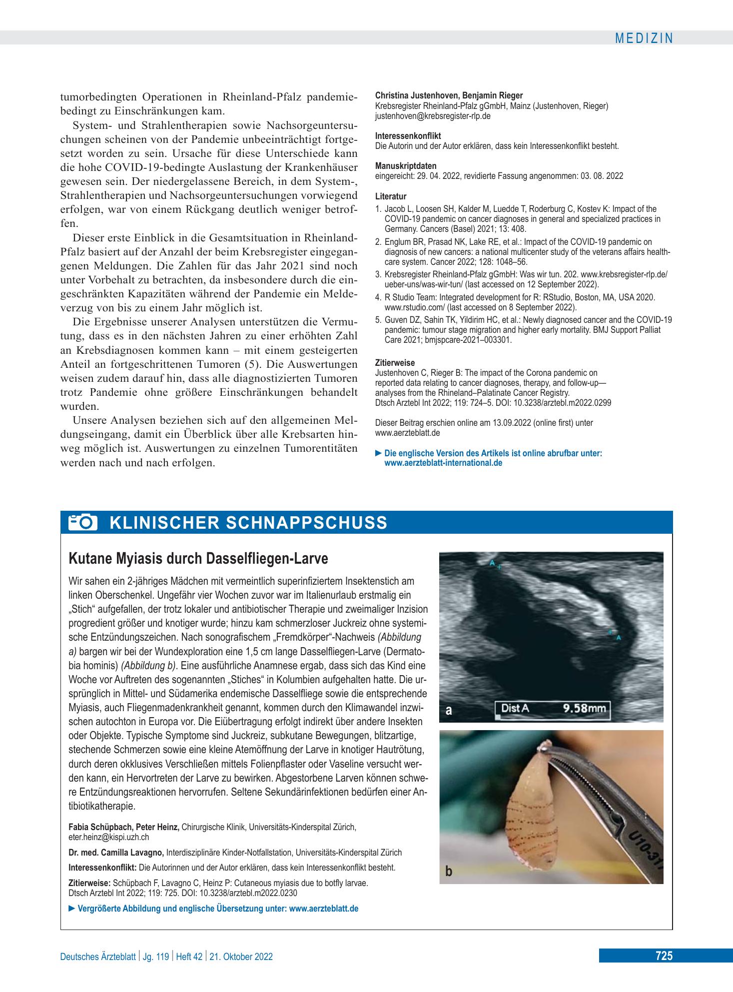 Vorschauseite 1: Kutane Myiasis durch Dasselfliegen-Larve – Deutsches Ärzteblatt