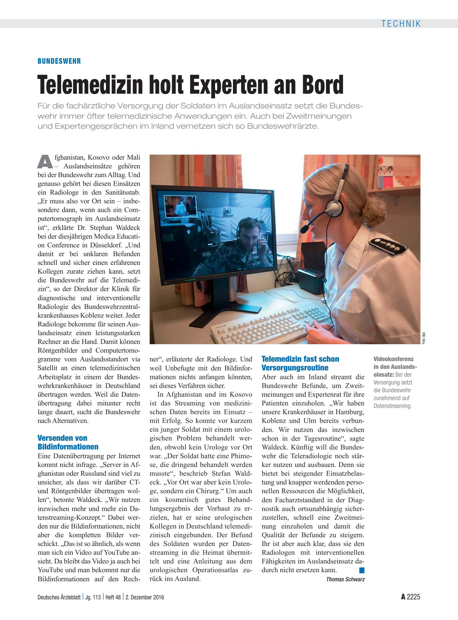 Vorschauseite 1: Bundeswehr: Telemedizin holt Experten an Bord – Deutsches Ärzteblatt