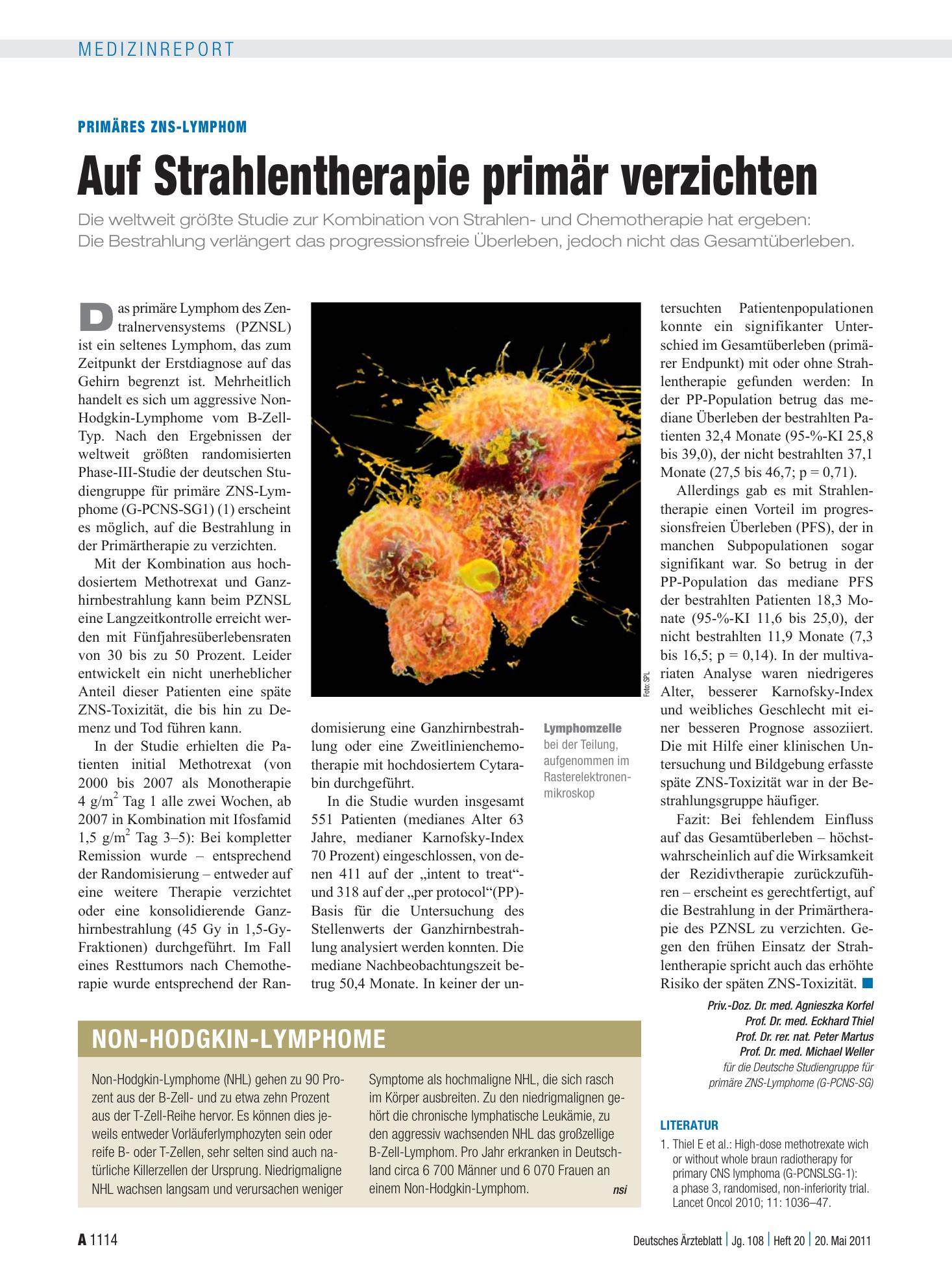 Vorschauseite 1: Primäres ZNS-Lymphom: Auf Strahlentherapie primär verzichten – Deutsches Ärzteblatt