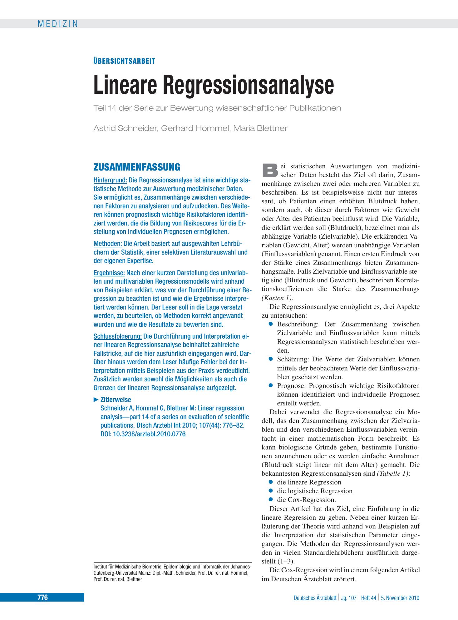 Vorschauseite 1: Lineare Regressionsanalyse – Deutsches Ärzteblatt